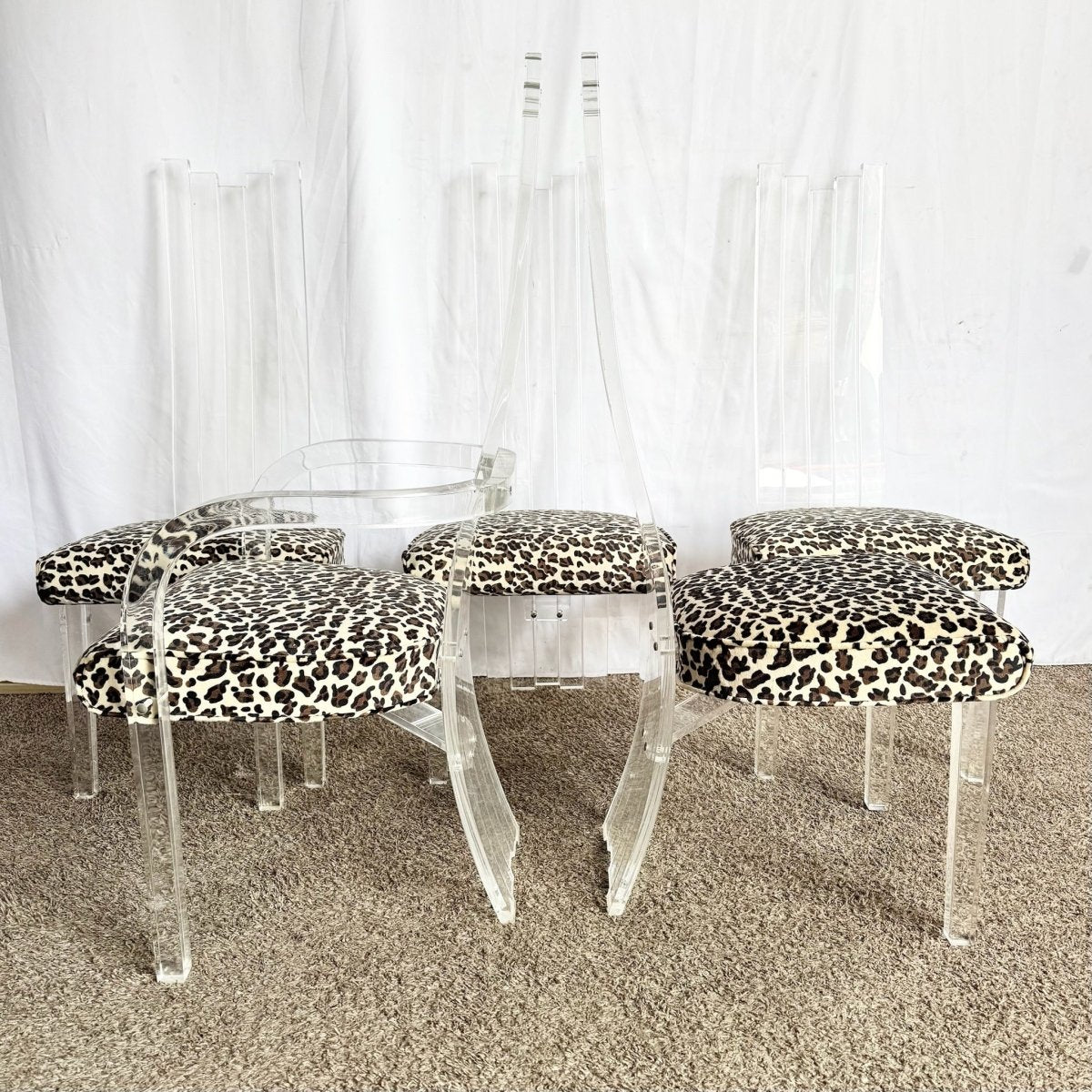 Art Deco Lucite Leopard Print Dining Chairs - Set of 6 - Dolphin & Flamingo