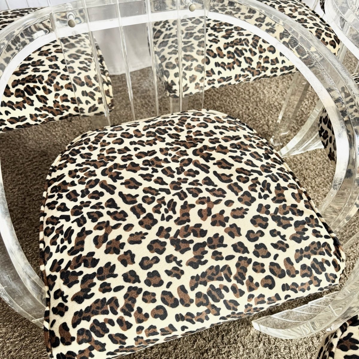 Art Deco Lucite Leopard Print Dining Chairs - Set of 6 - Dolphin & Flamingo