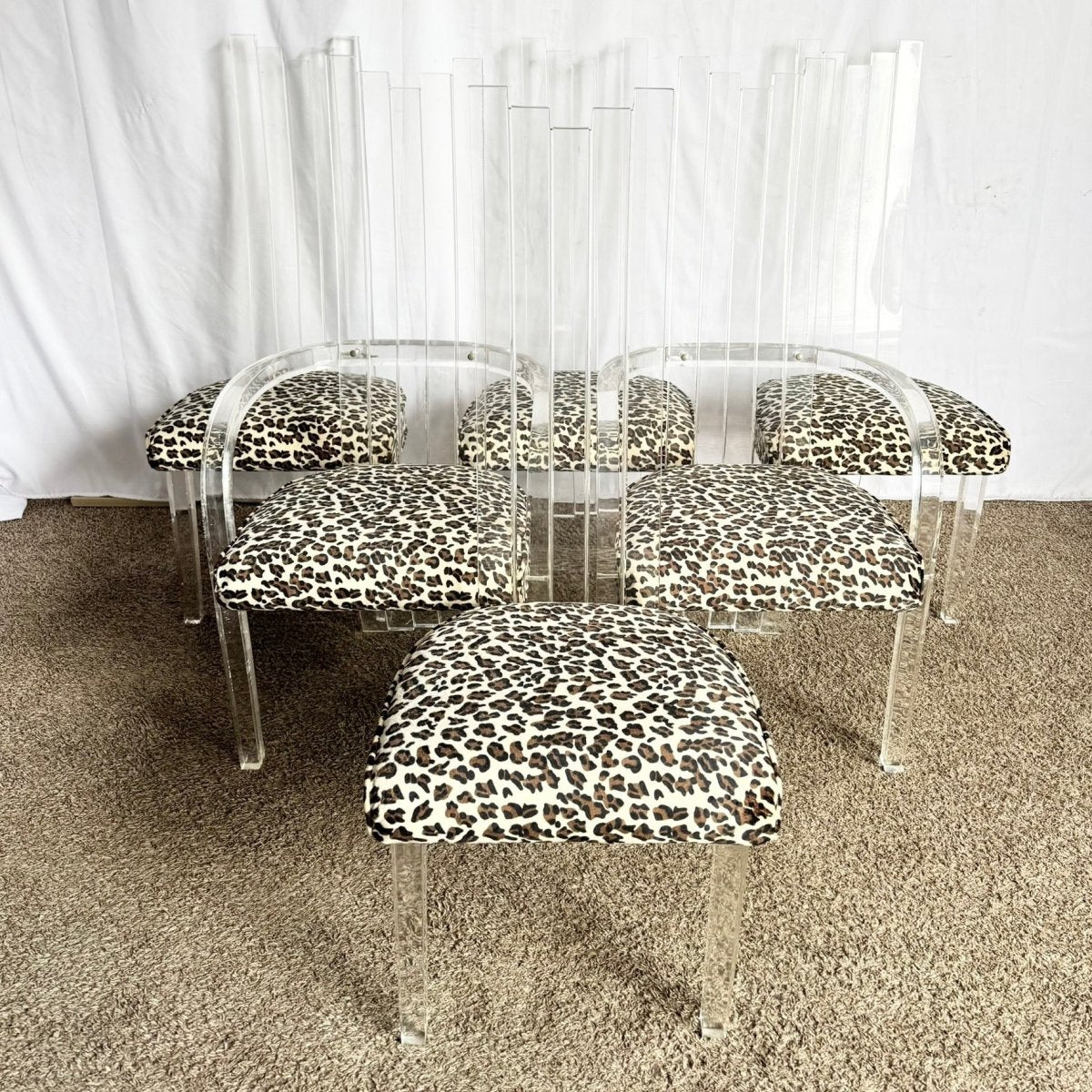 Art Deco Lucite Leopard Print Dining Chairs - Set of 6 - Dolphin & Flamingo
