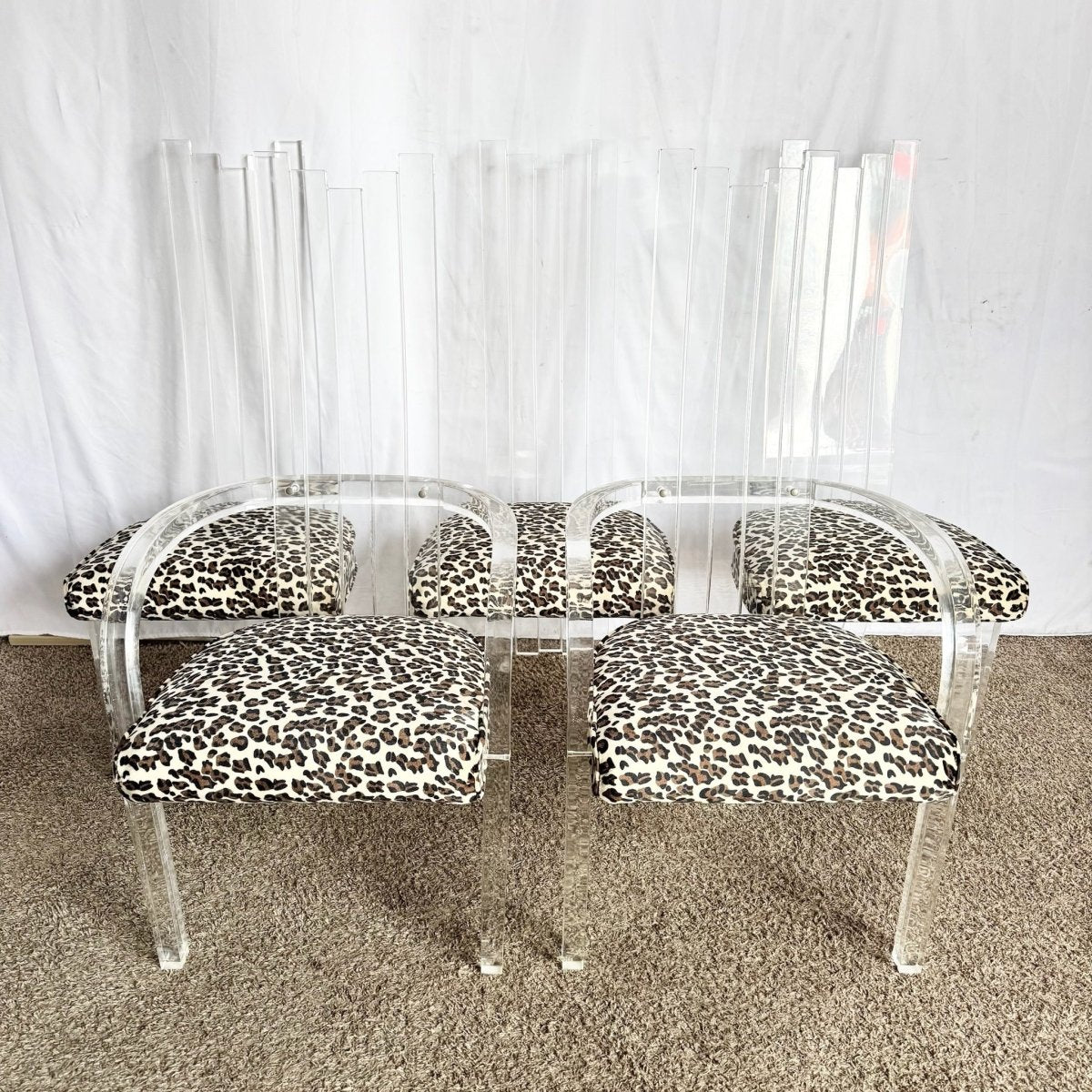 Art Deco Lucite Leopard Print Dining Chairs - Set of 6 - Dolphin & Flamingo