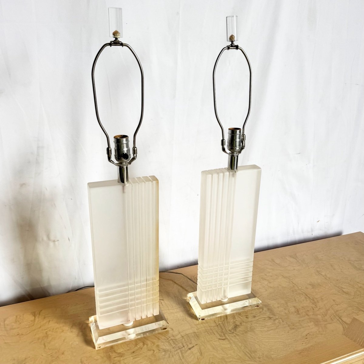 Art Deco Rectangular Lucite Table Lamps - A Pair - Dolphin & Flamingo