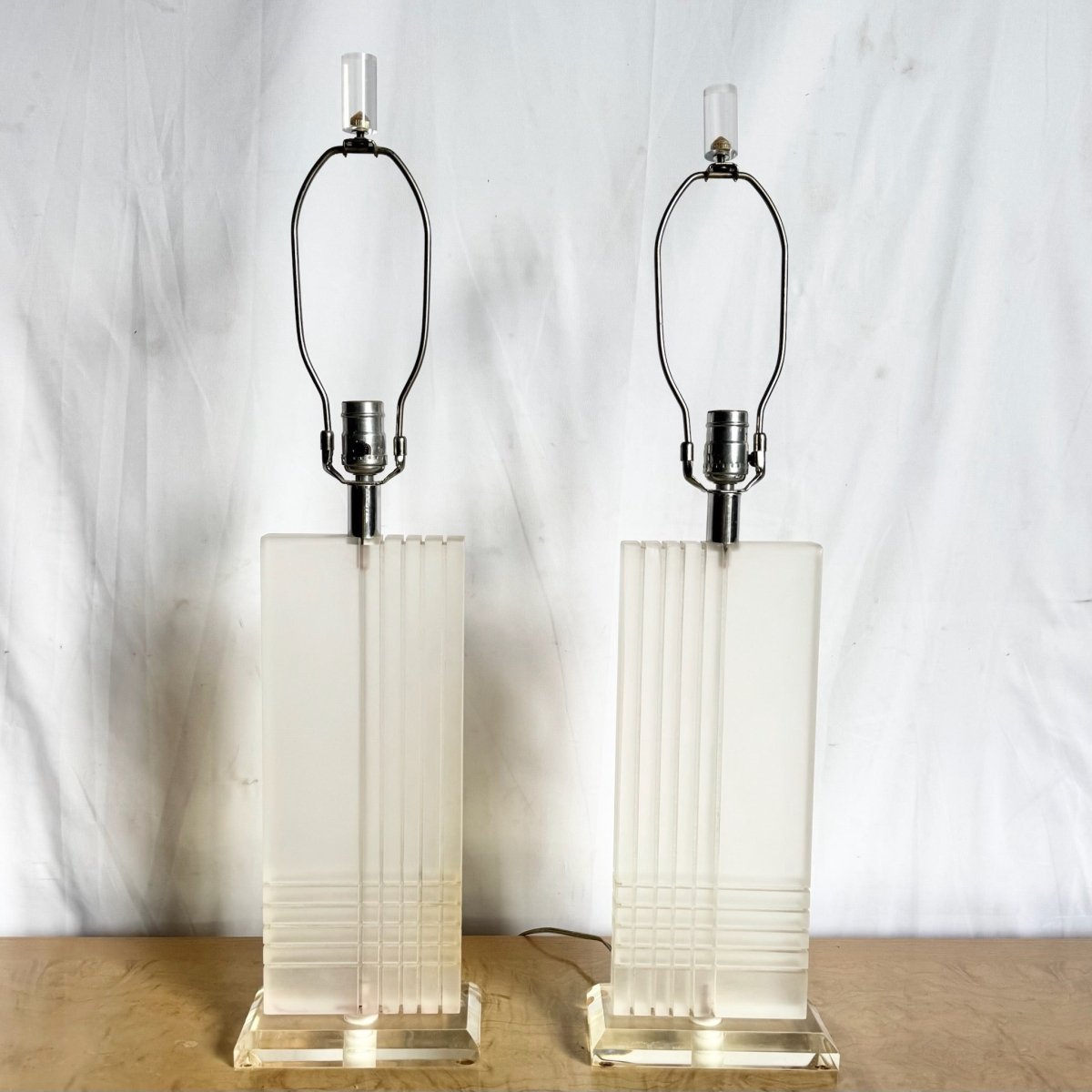 Art Deco Rectangular Lucite Table Lamps - A Pair - Dolphin & Flamingo