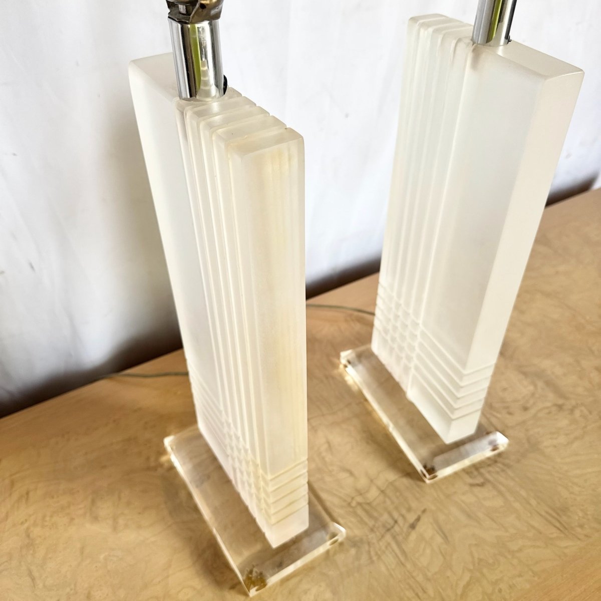 Art Deco Rectangular Lucite Table Lamps - A Pair - Dolphin & Flamingo