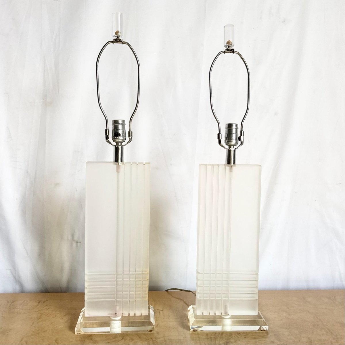 Art Deco Rectangular Lucite Table Lamps - A Pair - Dolphin & Flamingo