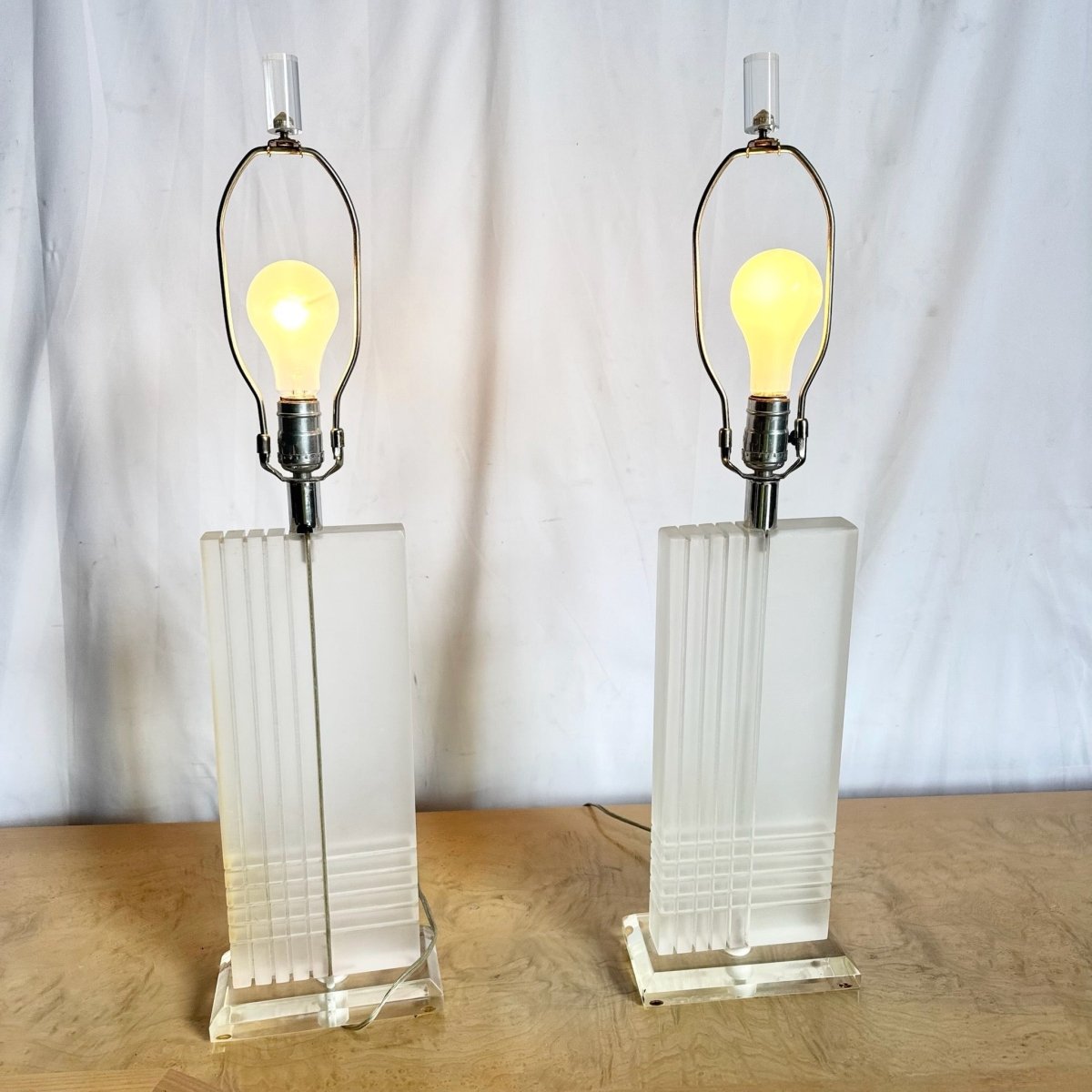 Art Deco Rectangular Lucite Table Lamps - A Pair - Dolphin & Flamingo