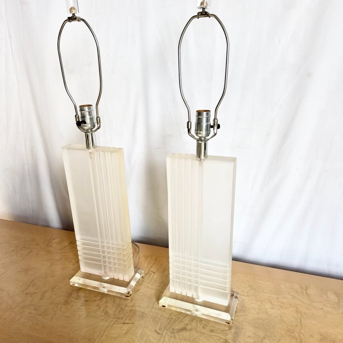 Art Deco Rectangular Lucite Table Lamps - A Pair - Dolphin & Flamingo