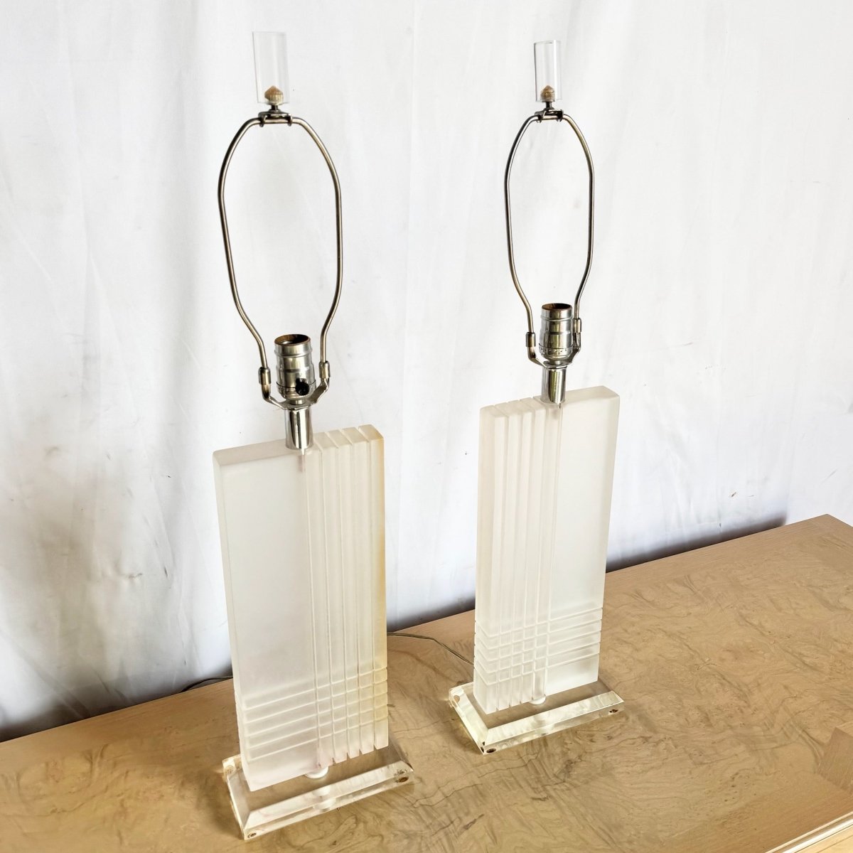 Art Deco Rectangular Lucite Table Lamps - A Pair - Dolphin & Flamingo