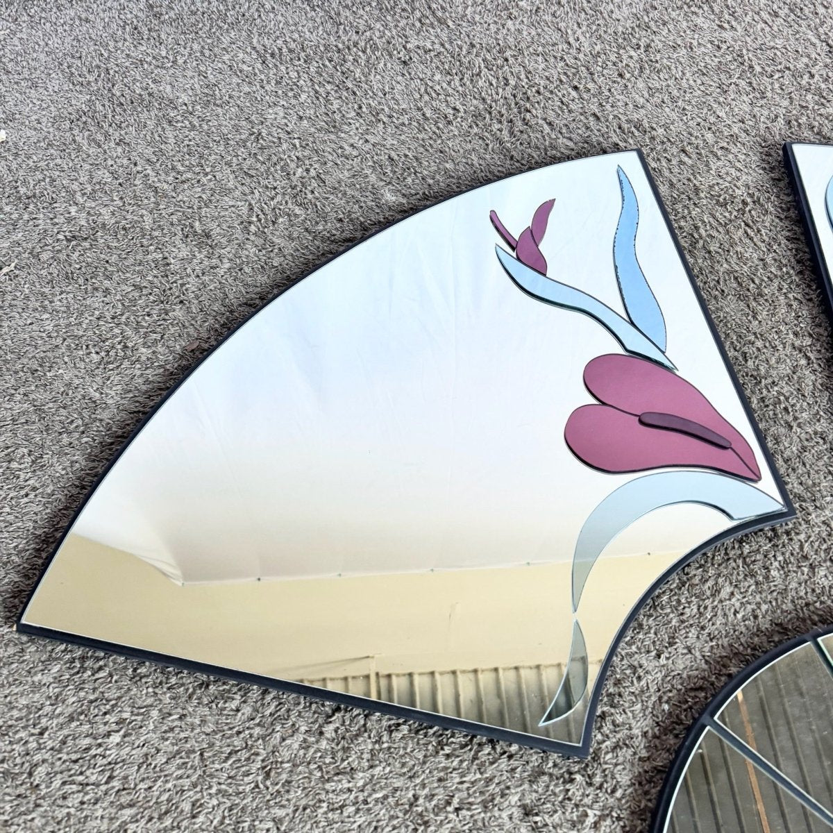 Art Deco Red Sculpted Floral Fan Mirrors by David Marshal - 3 Pieces - Dolphin & Flamingo