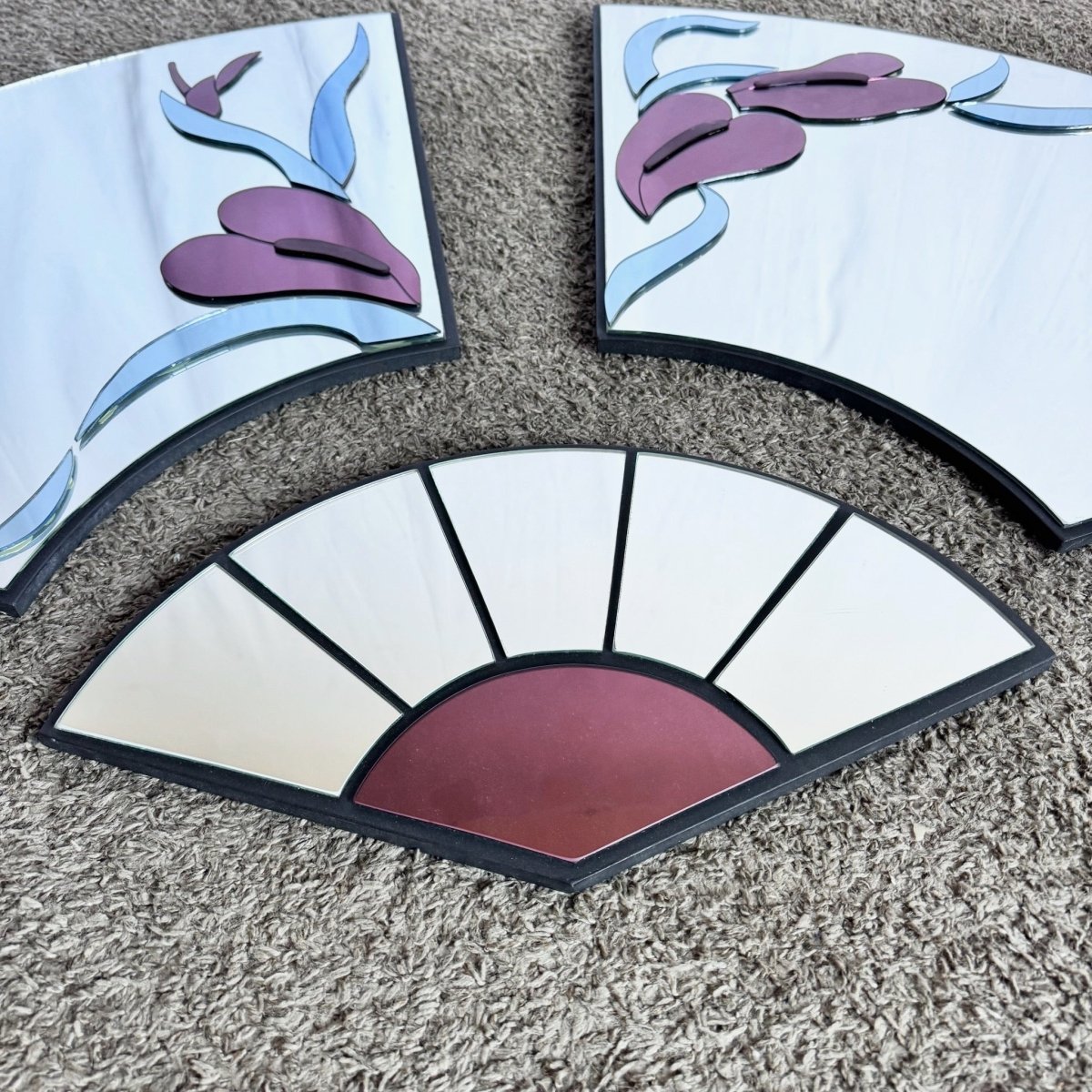 Art Deco Red Sculpted Floral Fan Mirrors by David Marshal - 3 Pieces - Dolphin & Flamingo