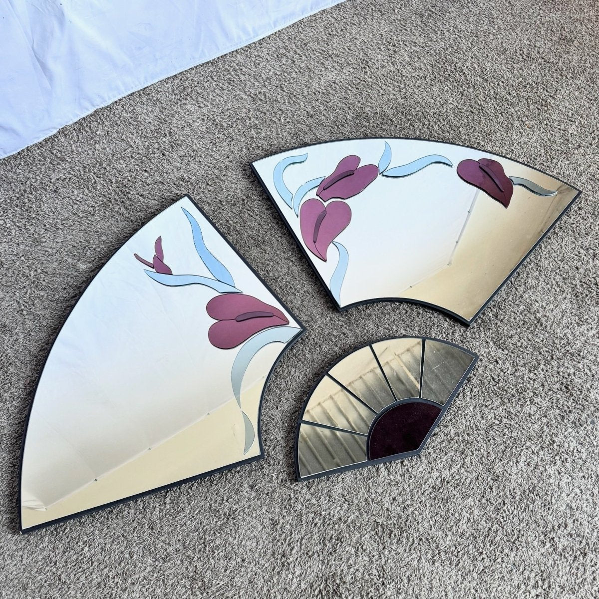 Art Deco Red Sculpted Floral Fan Mirrors by David Marshal - 3 Pieces - Dolphin & Flamingo