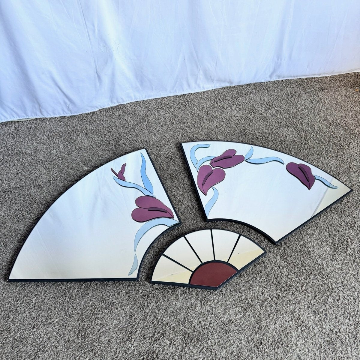 Art Deco Red Sculpted Floral Fan Mirrors by David Marshal - 3 Pieces - Dolphin & Flamingo