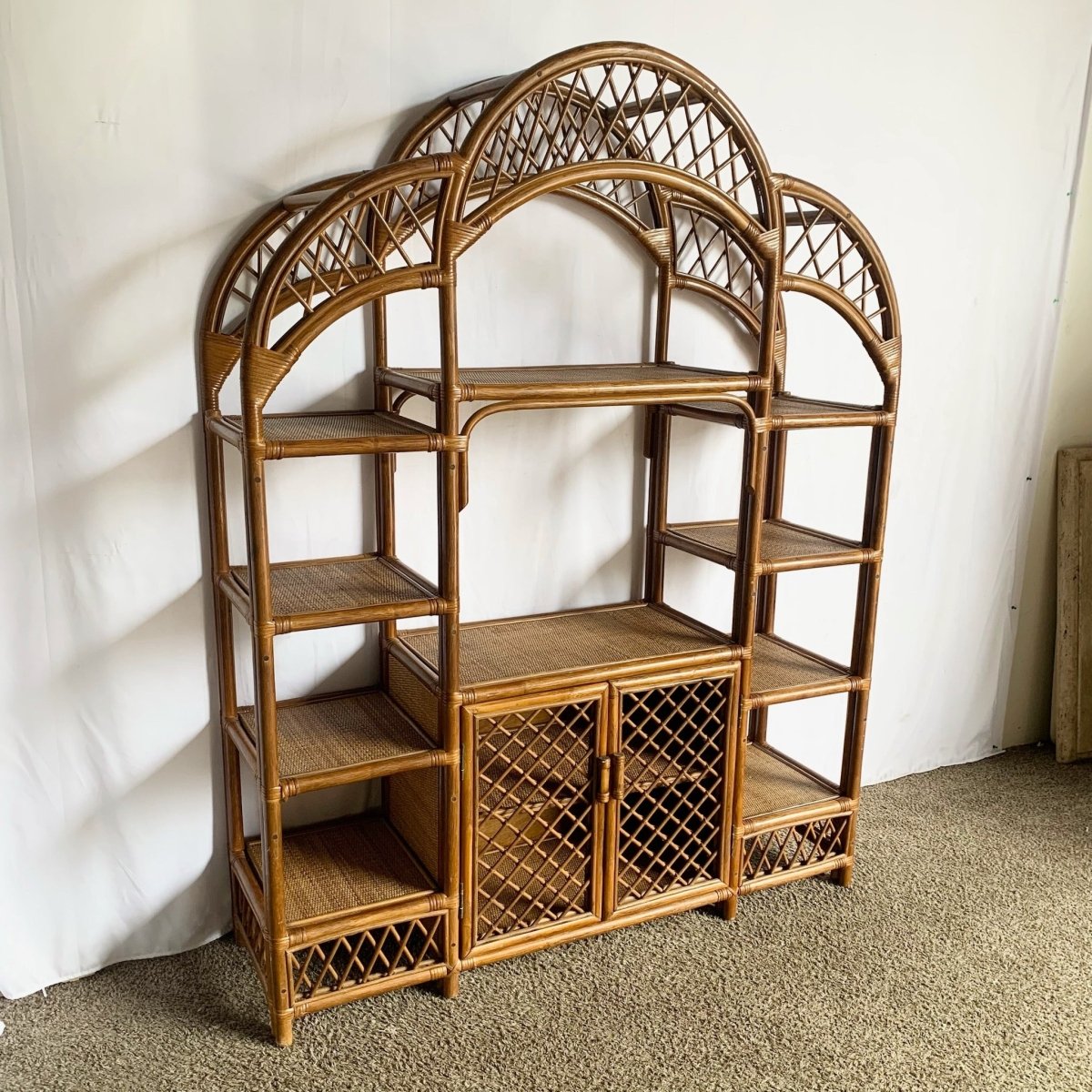 Boho Chic Arch Top Rattan Etagere - Dolphin & Flamingo