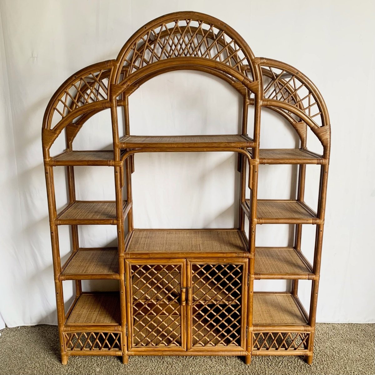Boho Chic Arch Top Rattan Etagere - Dolphin & Flamingo