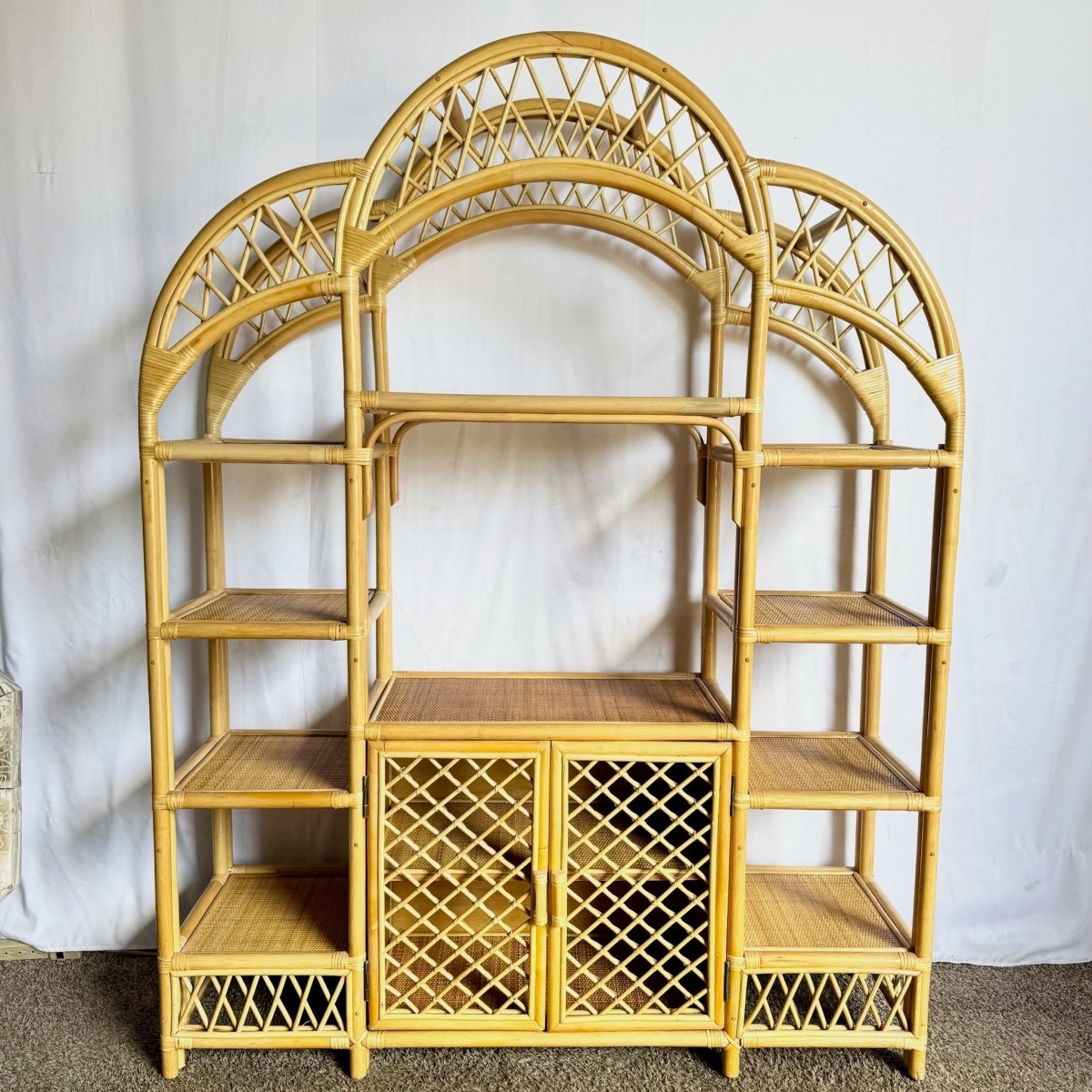 Boho Chic Arched Rattan Etagere/Wall Unit - Dolphin & Flamingo