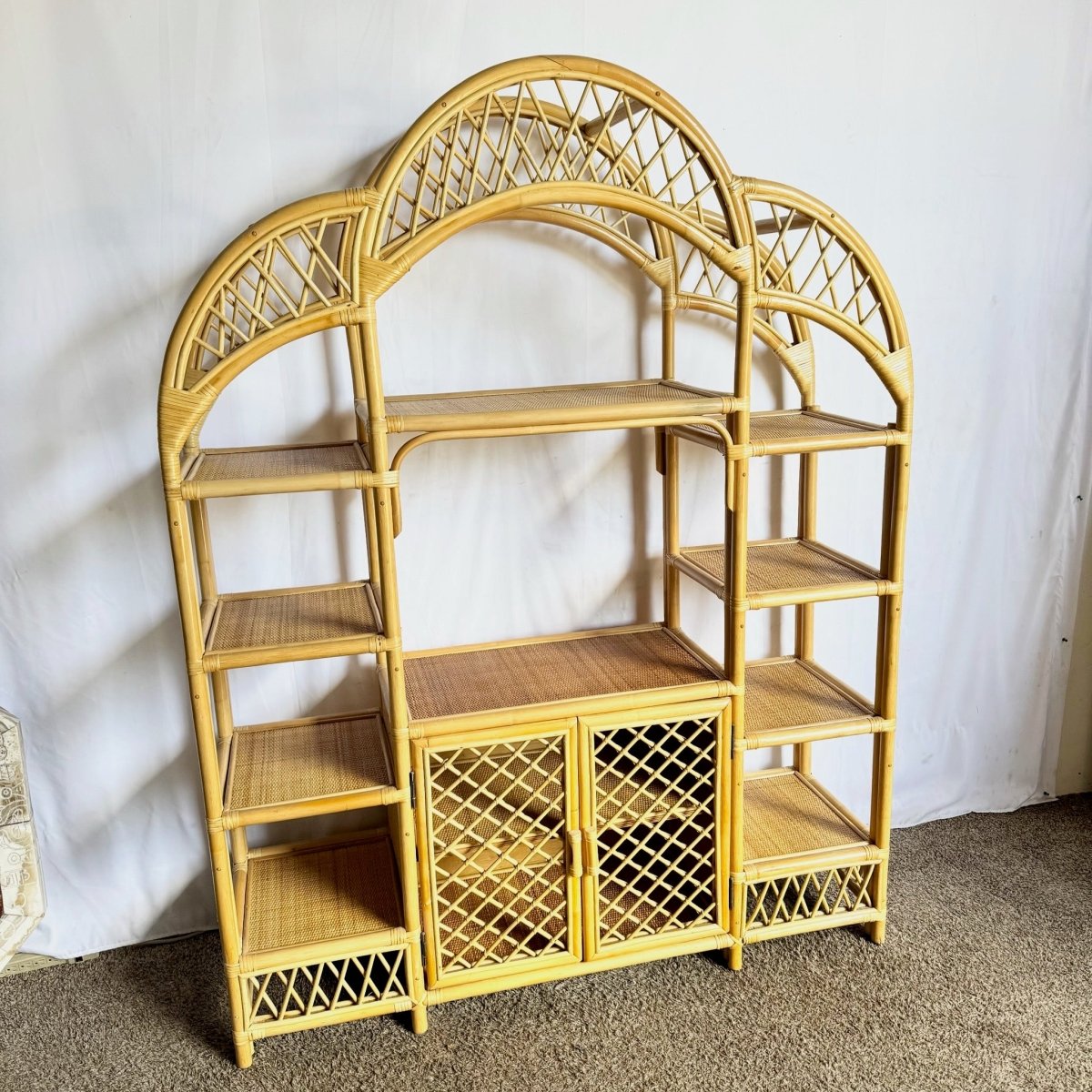Boho Chic Arched Rattan Etagere/Wall Unit - Dolphin & Flamingo