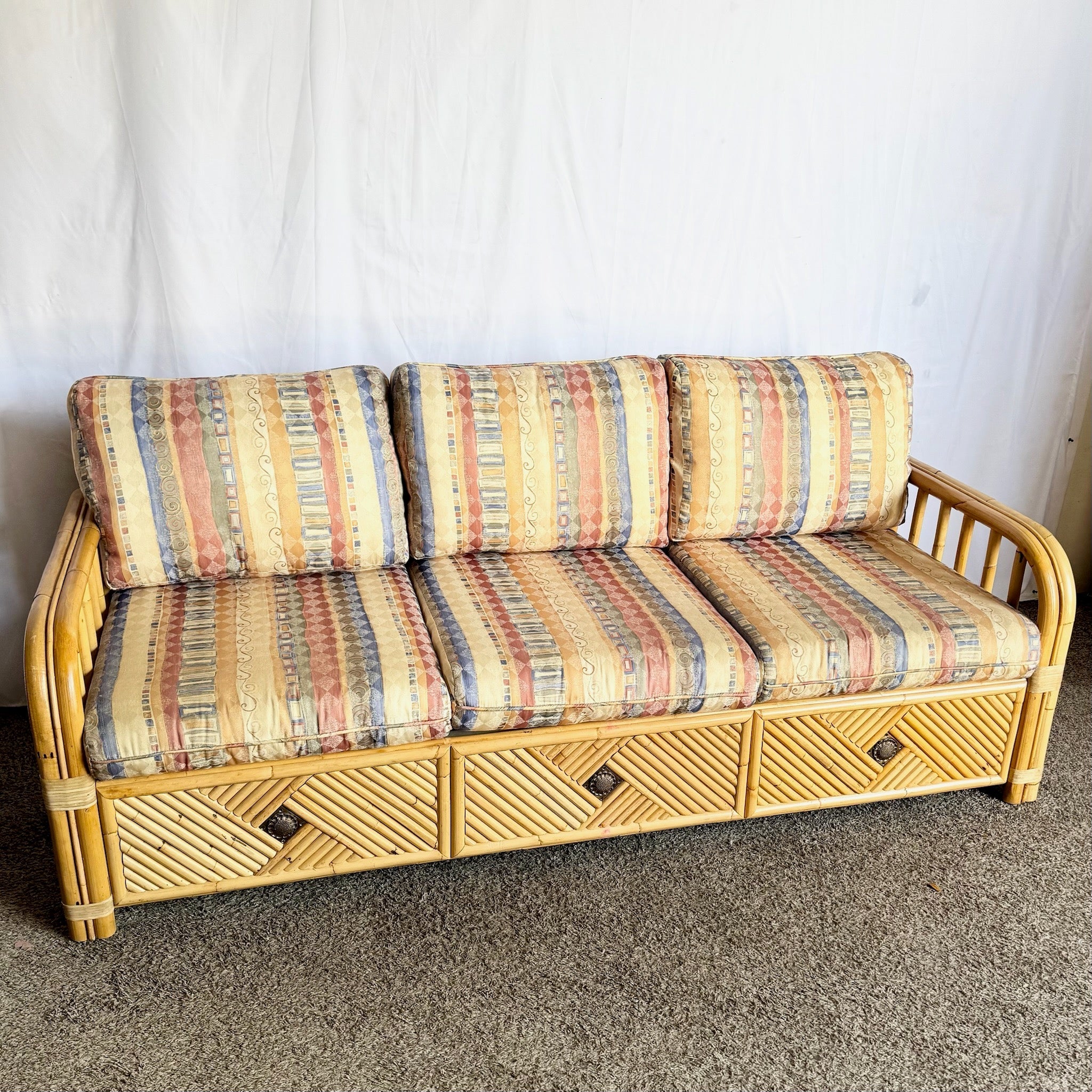 Boho Chic Bamboo Rattan Sofa With Queen Pull Out Bed and Mattress - Dolphin & Flamingo