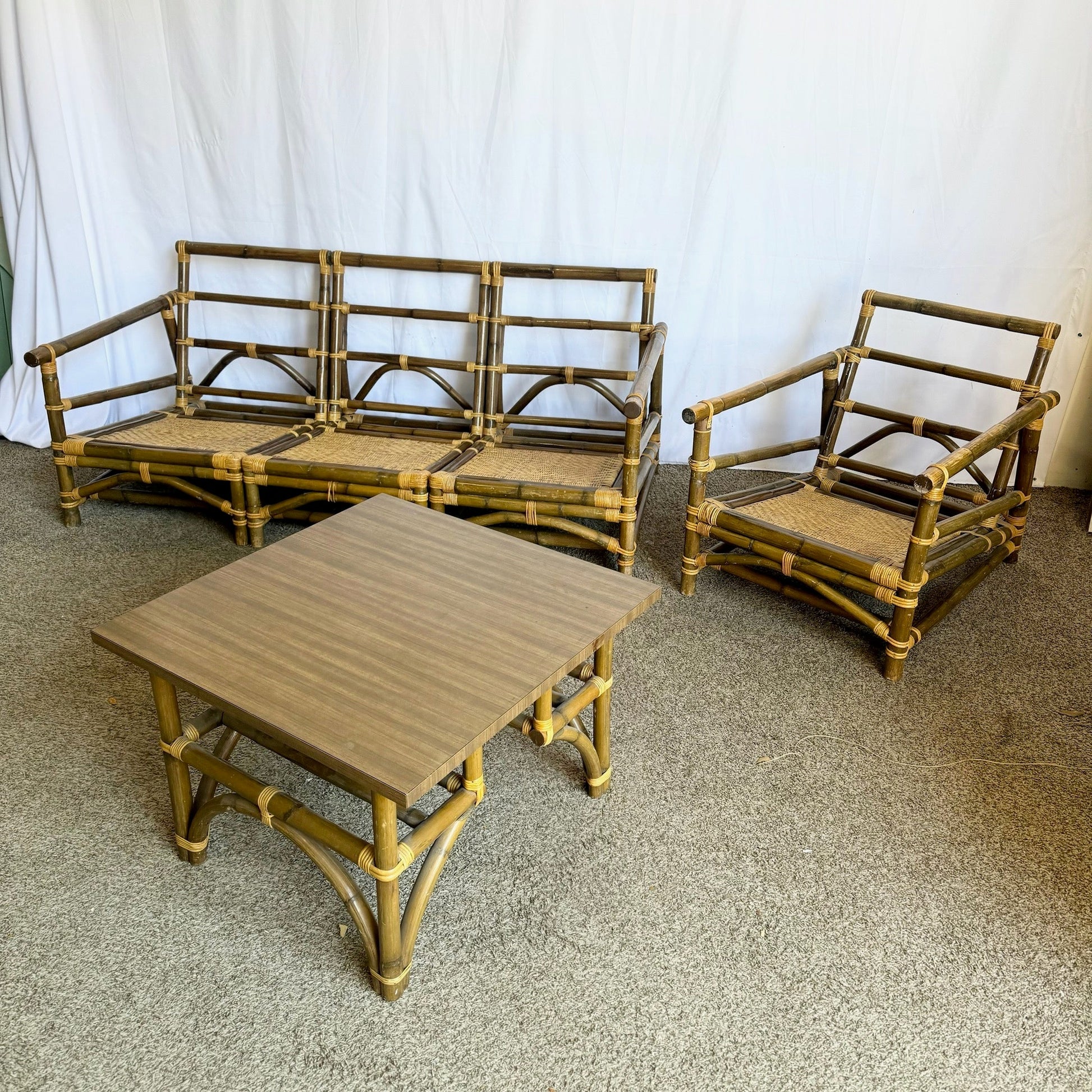 Boho Chic Bamboo Wicker Modular Sofa, Lounge Chair and Side Table Set by Calif - Asia - 5 Pieces - Dolphin & Flamingo