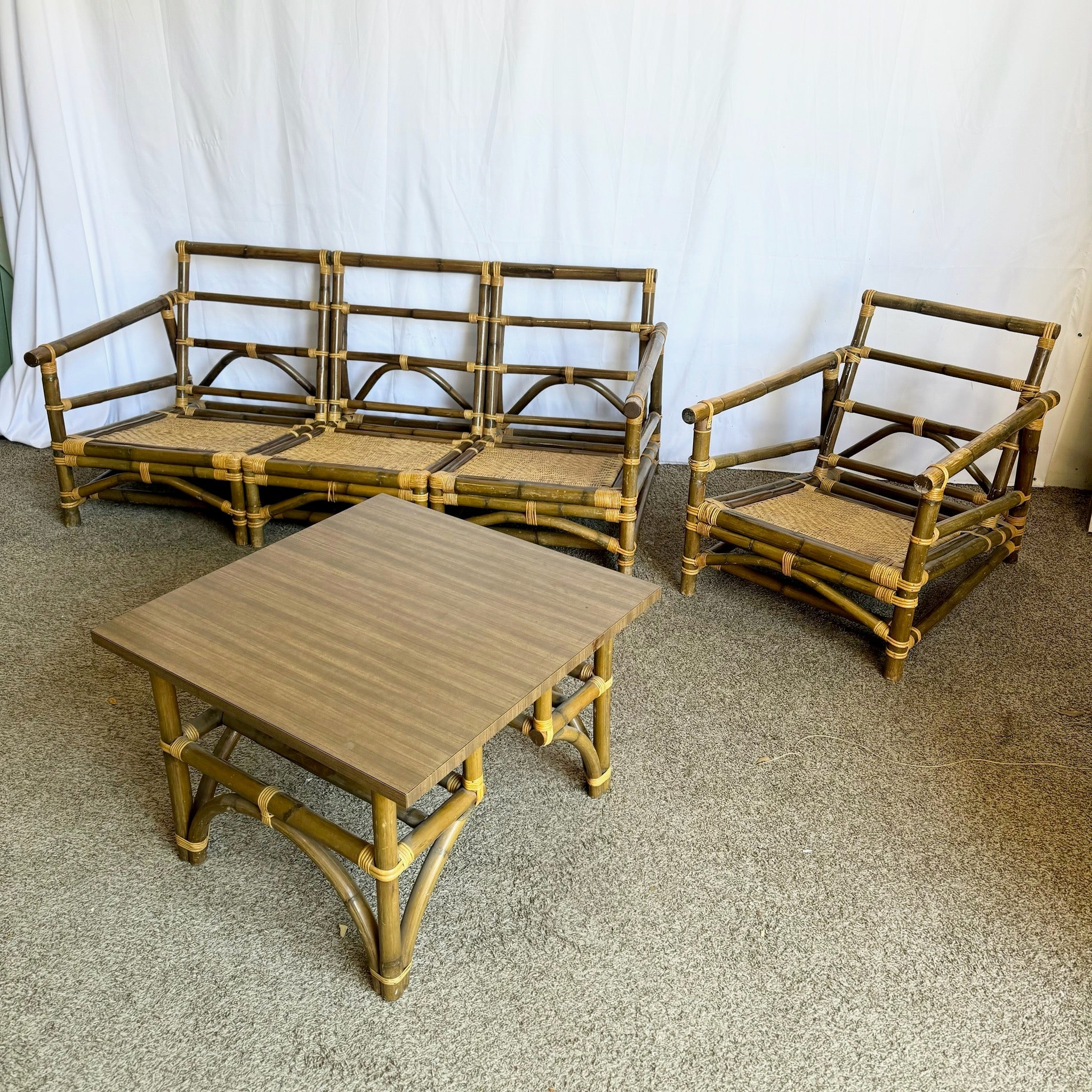 Boho Chic Bamboo Wicker Modular Sofa, Lounge Chair and Side Table Set by Calif - Asia - 5 Pieces - Dolphin & Flamingo