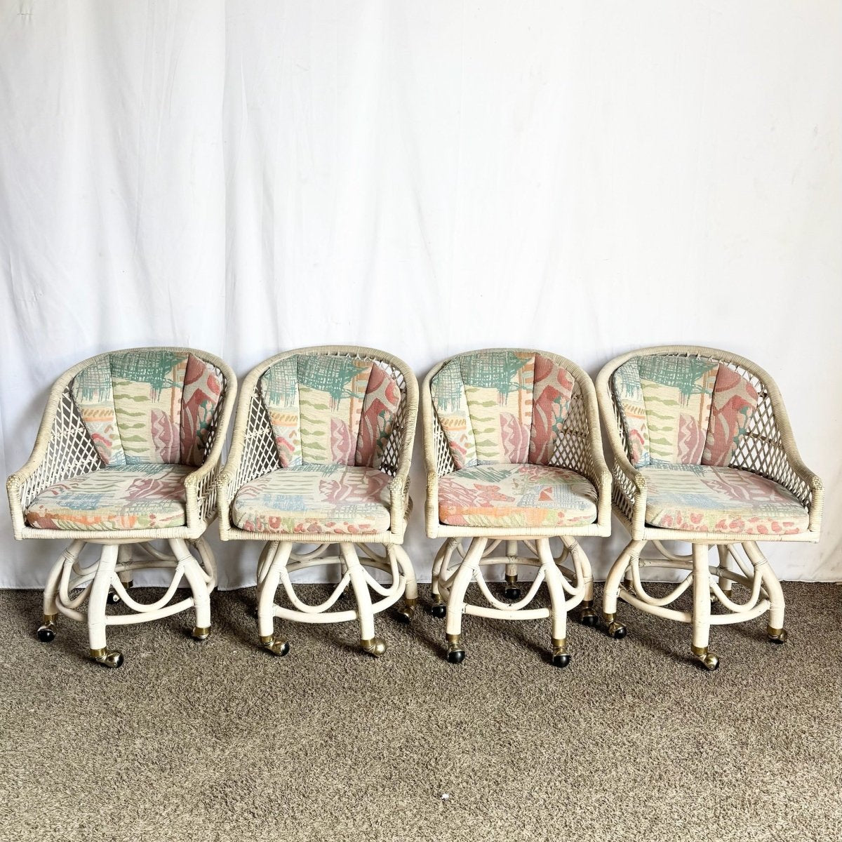 Boho Chic Beige Buri Rattan Swivel Dining Chairs - Set of 4 - Dolphin & Flamingo