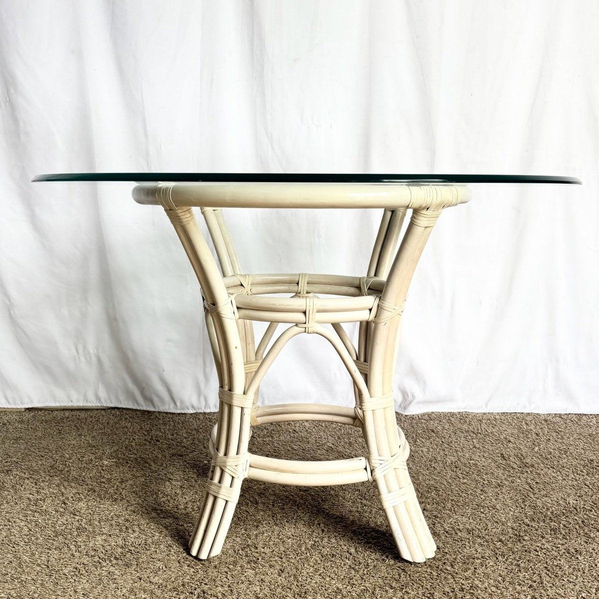 Boho Chic Beige Rattan Circular Glass Top Dining Table - Dolphin & Flamingo