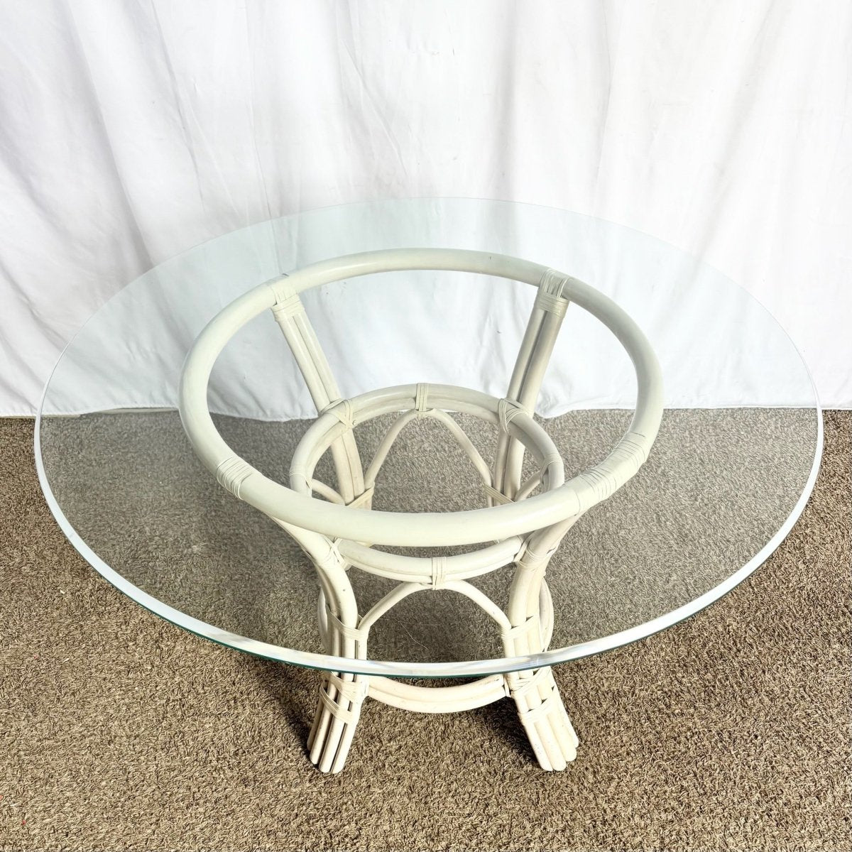 Boho Chic Beige Rattan Circular Glass Top Dining Table - Dolphin & Flamingo