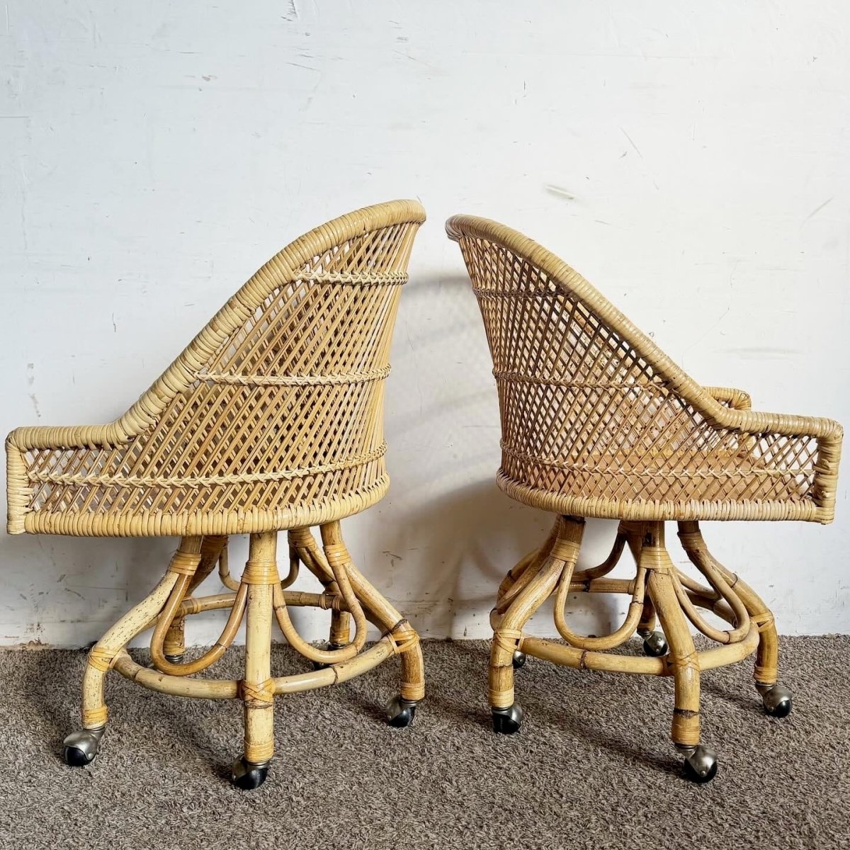 Boho Chic Buri Rattan Bamboo Swivel Barrel Dining Chairs on Casters – Set of 3 - Dolphin & Flamingo
