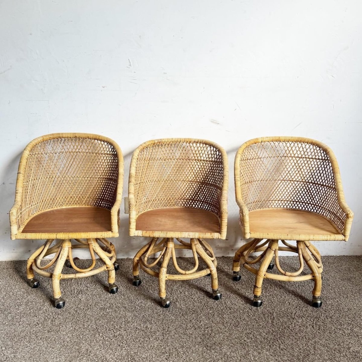 Boho Chic Buri Rattan Bamboo Swivel Barrel Dining Chairs on Casters – Set of 3 - Dolphin & Flamingo