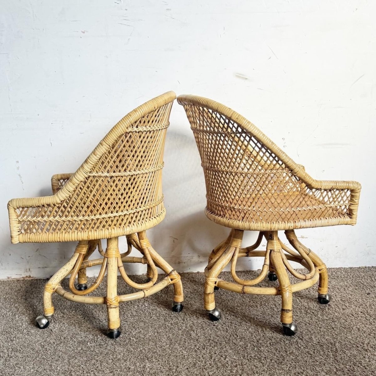 Boho Chic Buri Rattan Bamboo Swivel Barrel Dining Chairs on Casters – Set of 3 - Dolphin & Flamingo