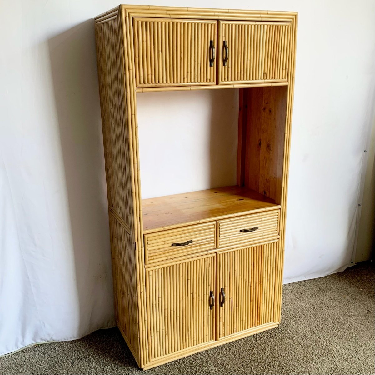 Boho Chic Coastal Bamboo and Wood Etagere/Cabinet - Dolphin & Flamingo