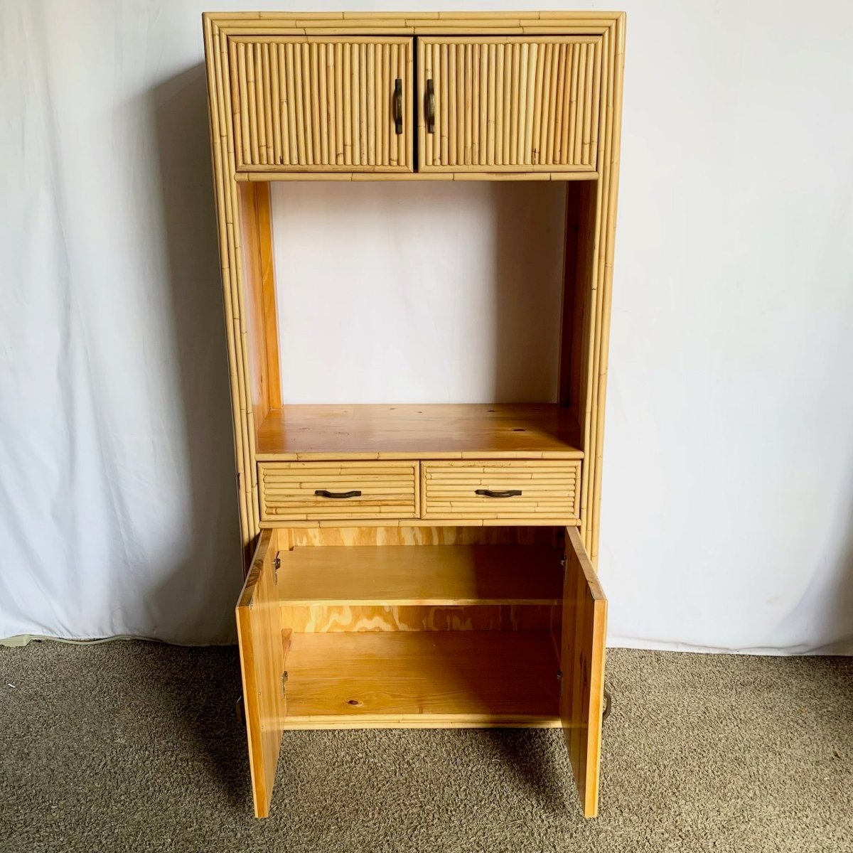 Boho Chic Coastal Bamboo and Wood Etagere/Cabinet - Dolphin & Flamingo