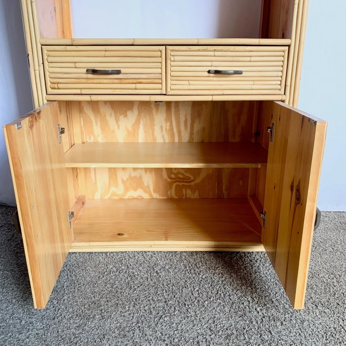Boho Chic Coastal Bamboo and Wood Etagere/Cabinet - Dolphin & Flamingo