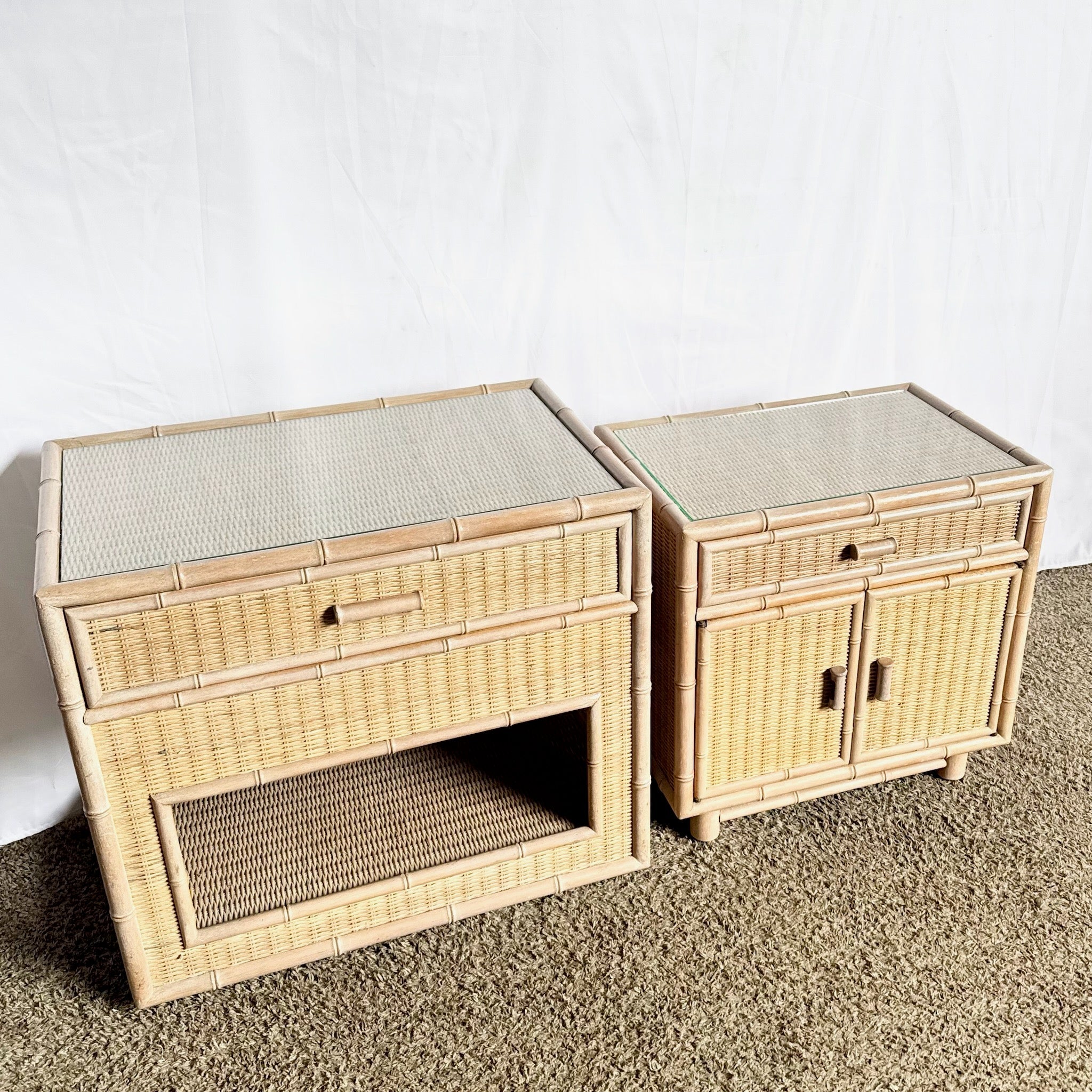 Boho Chic Coastal Faux Bamboo Wicker Glass Top Table on Casters and Nightstand - Set of 2 - Dolphin & Flamingo