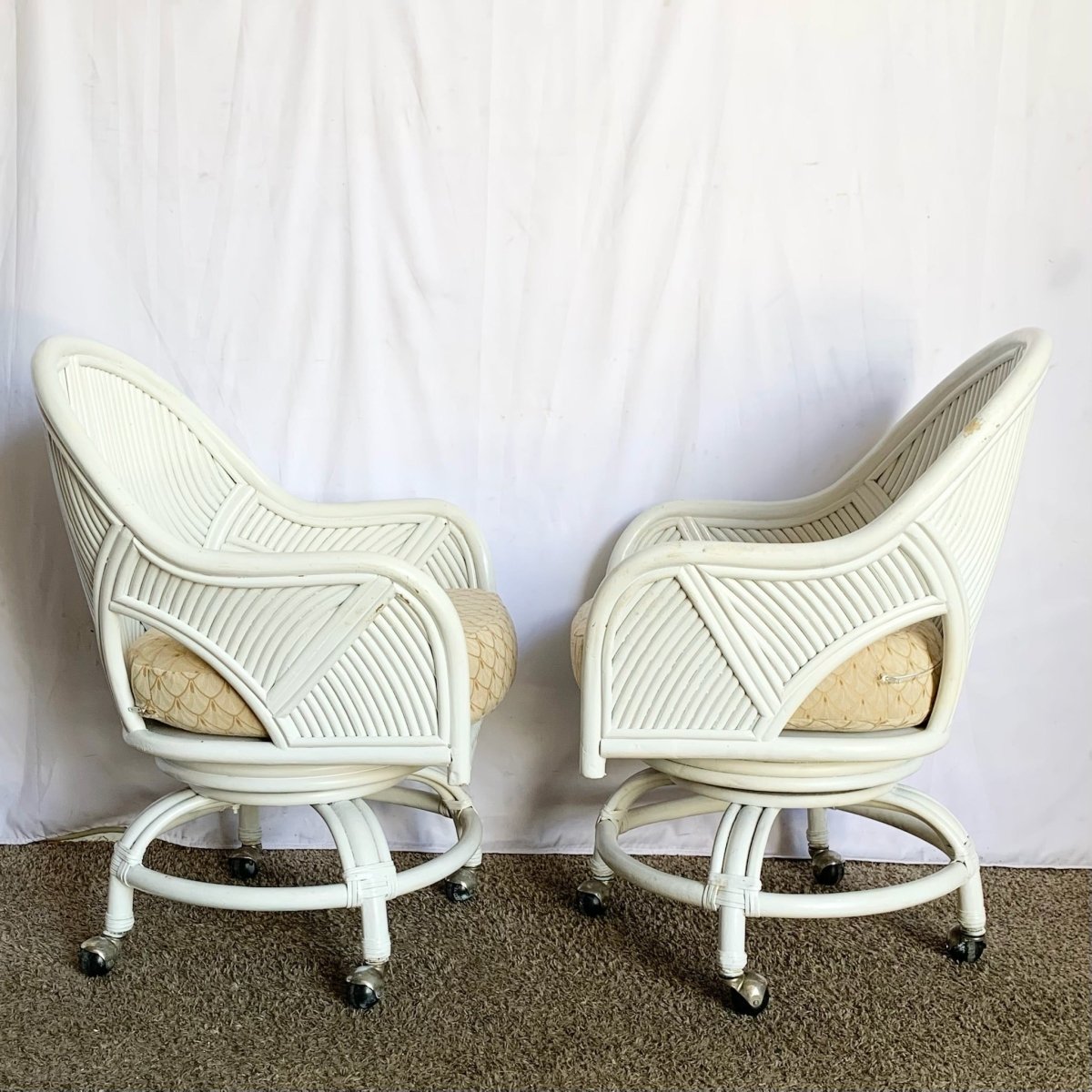 Boho Chic Coastal Rattan Dining Arm Swivel Chairs on Casters - Set of 4 - Dolphin & Flamingo