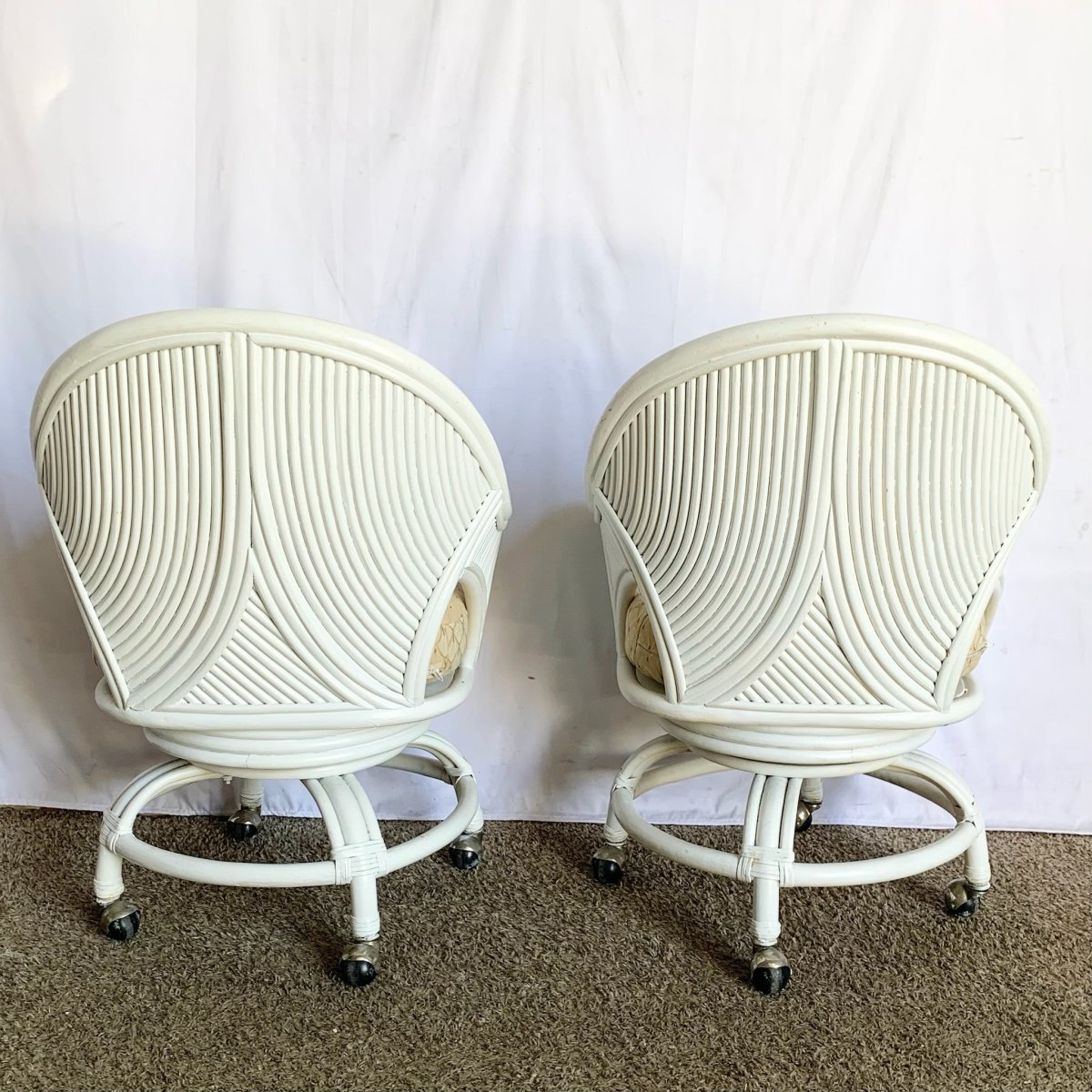 Boho Chic Coastal Rattan Dining Arm Swivel Chairs on Casters - Set of 4 - Dolphin & Flamingo