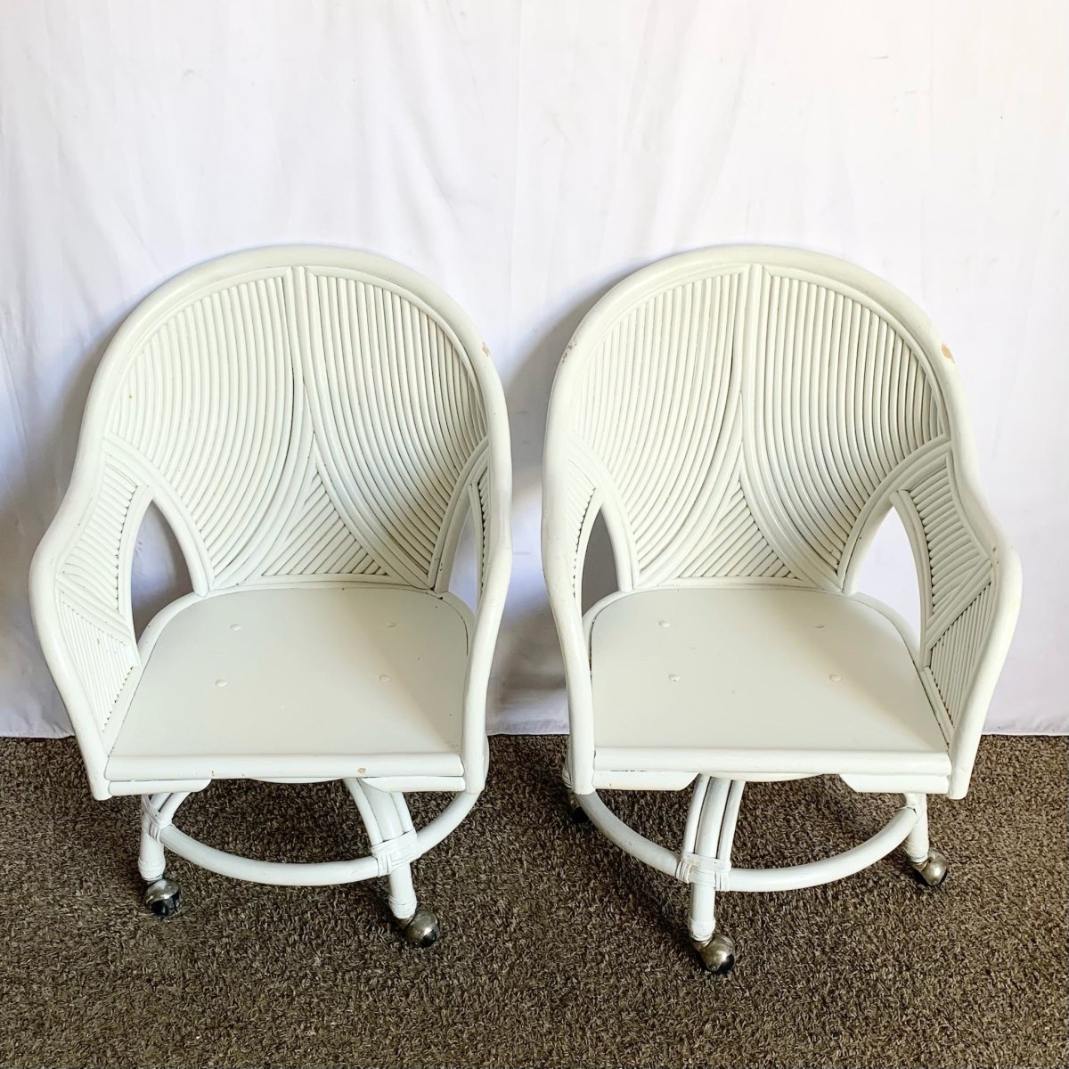 Boho Chic Coastal Rattan Dining Arm Swivel Chairs on Casters - Set of 4 - Dolphin & Flamingo