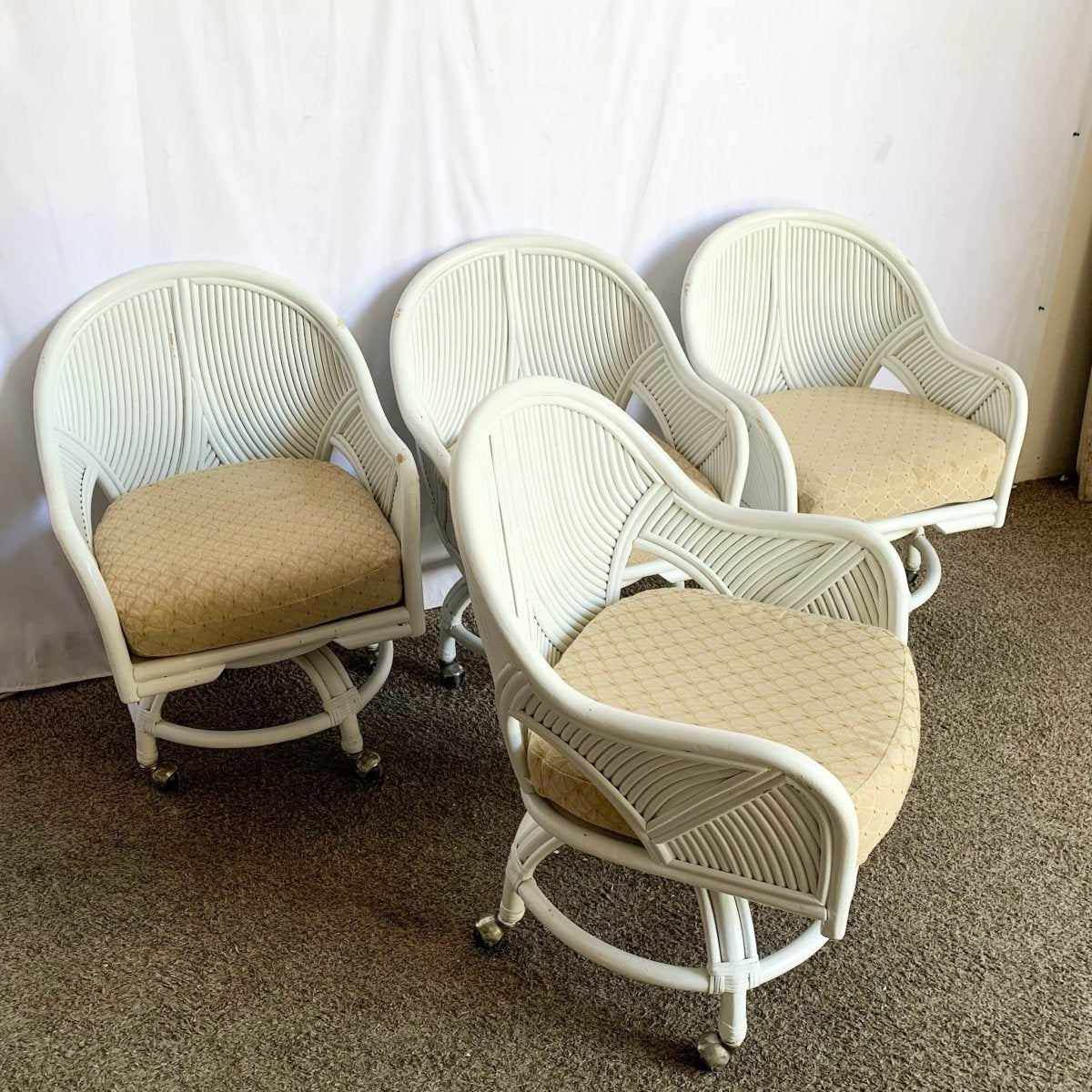 Boho Chic Coastal Rattan Dining Arm Swivel Chairs on Casters - Set of 4 - Dolphin & Flamingo