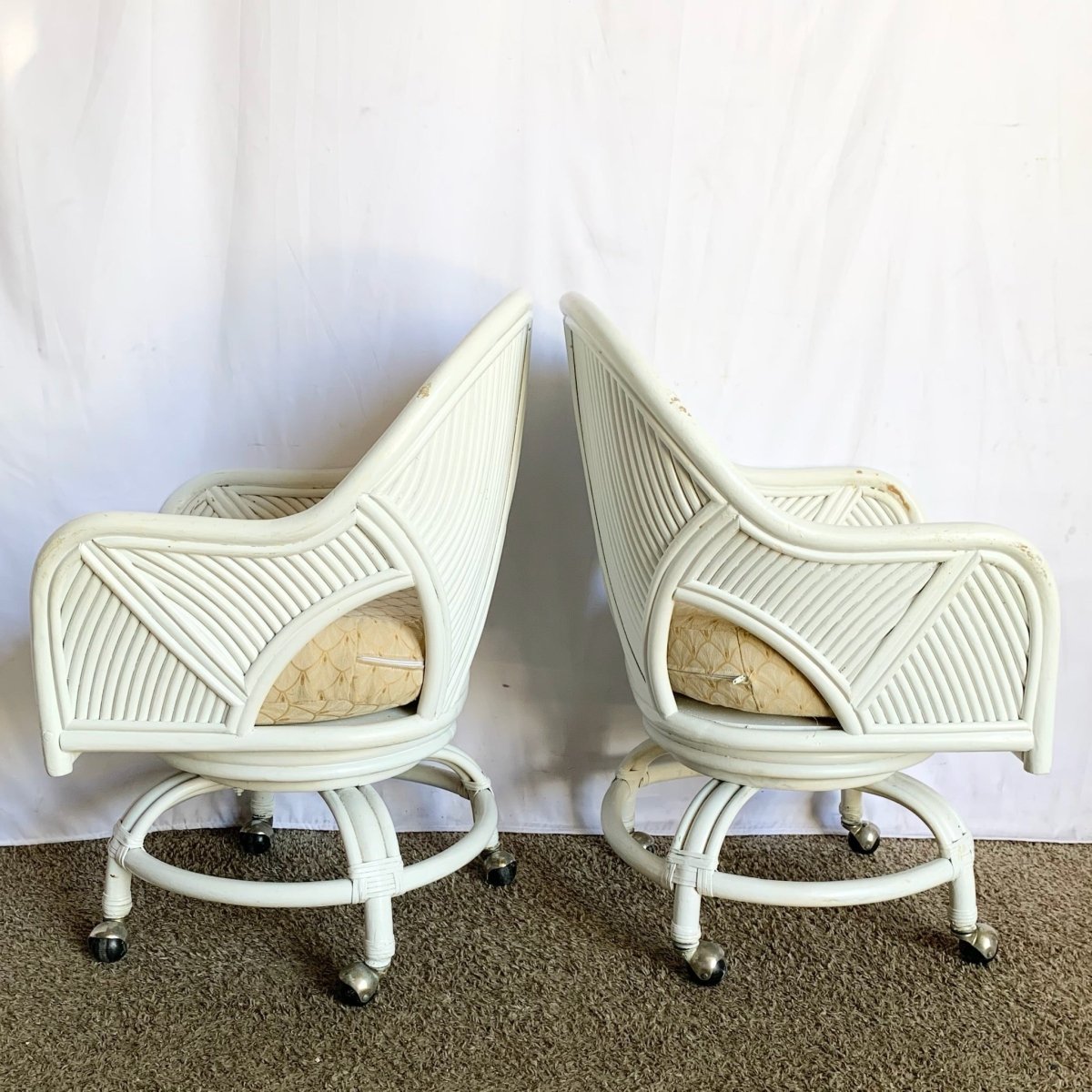Boho Chic Coastal Rattan Dining Arm Swivel Chairs on Casters - Set of 4 - Dolphin & Flamingo