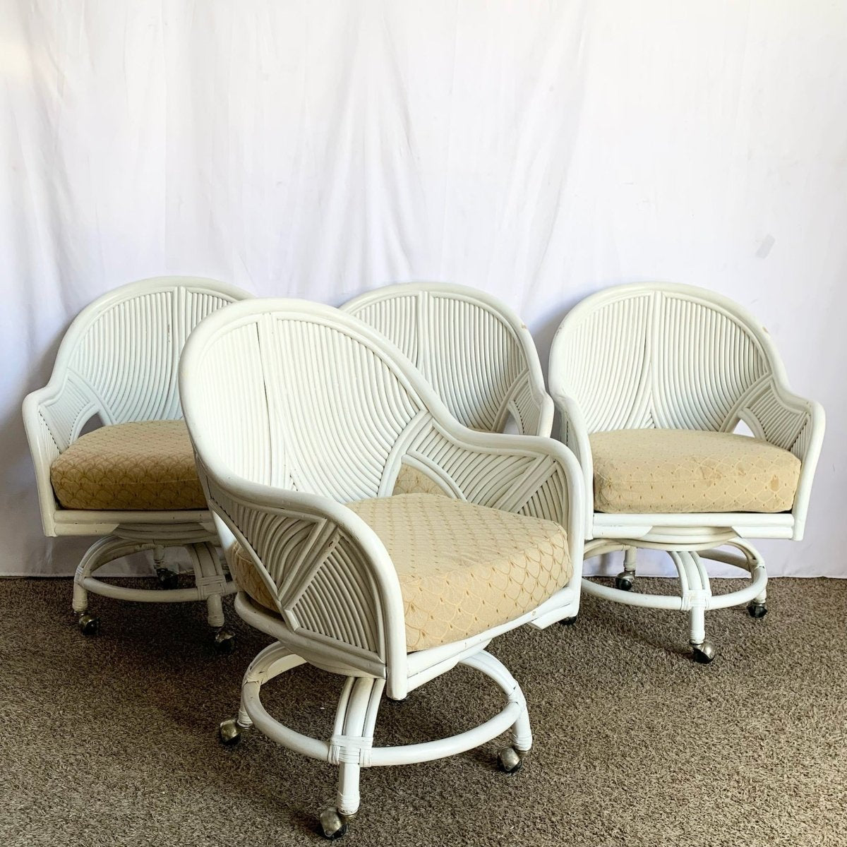Boho Chic Coastal Rattan Dining Arm Swivel Chairs on Casters - Set of 4 - Dolphin & Flamingo