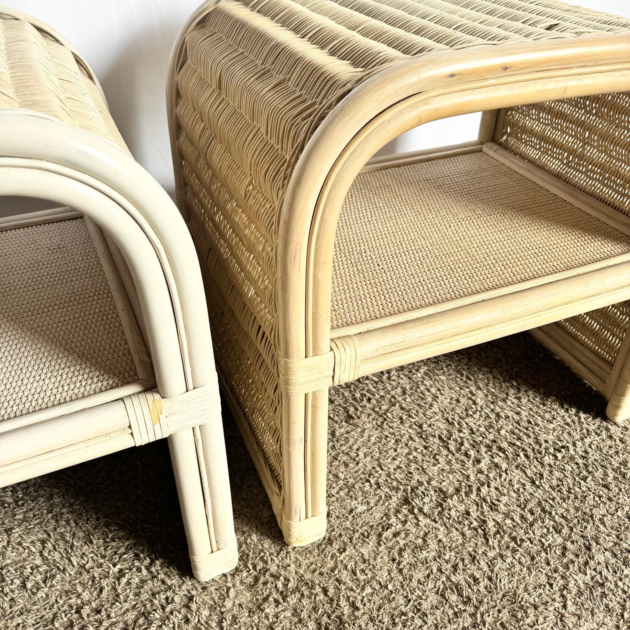Boho Chic Coastal Rattan Wicker Waterfall Side Tables/Nightstands - A Pair - Dolphin & Flamingo