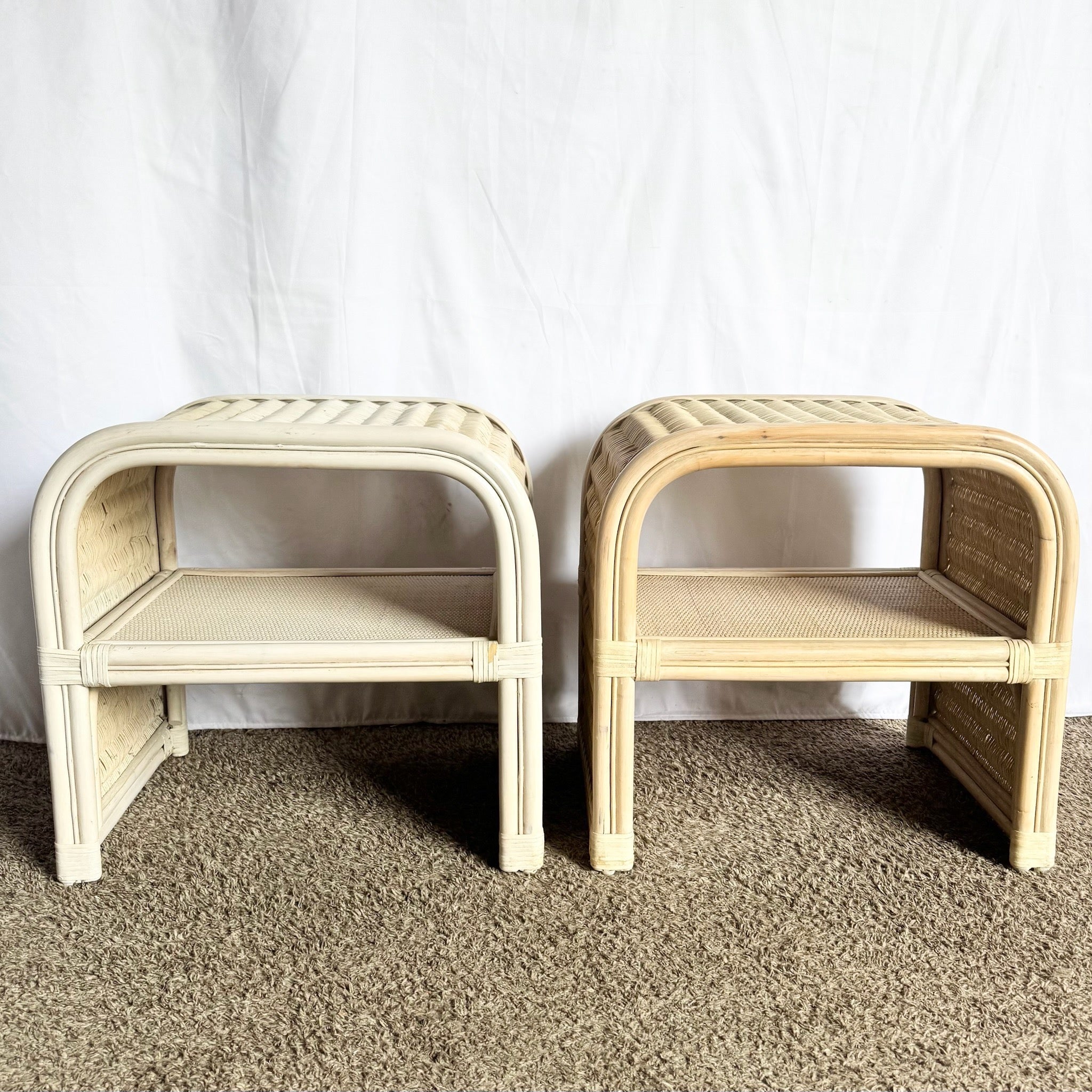 Boho Chic Coastal Rattan Wicker Waterfall Side Tables/Nightstands - A Pair - Dolphin & Flamingo