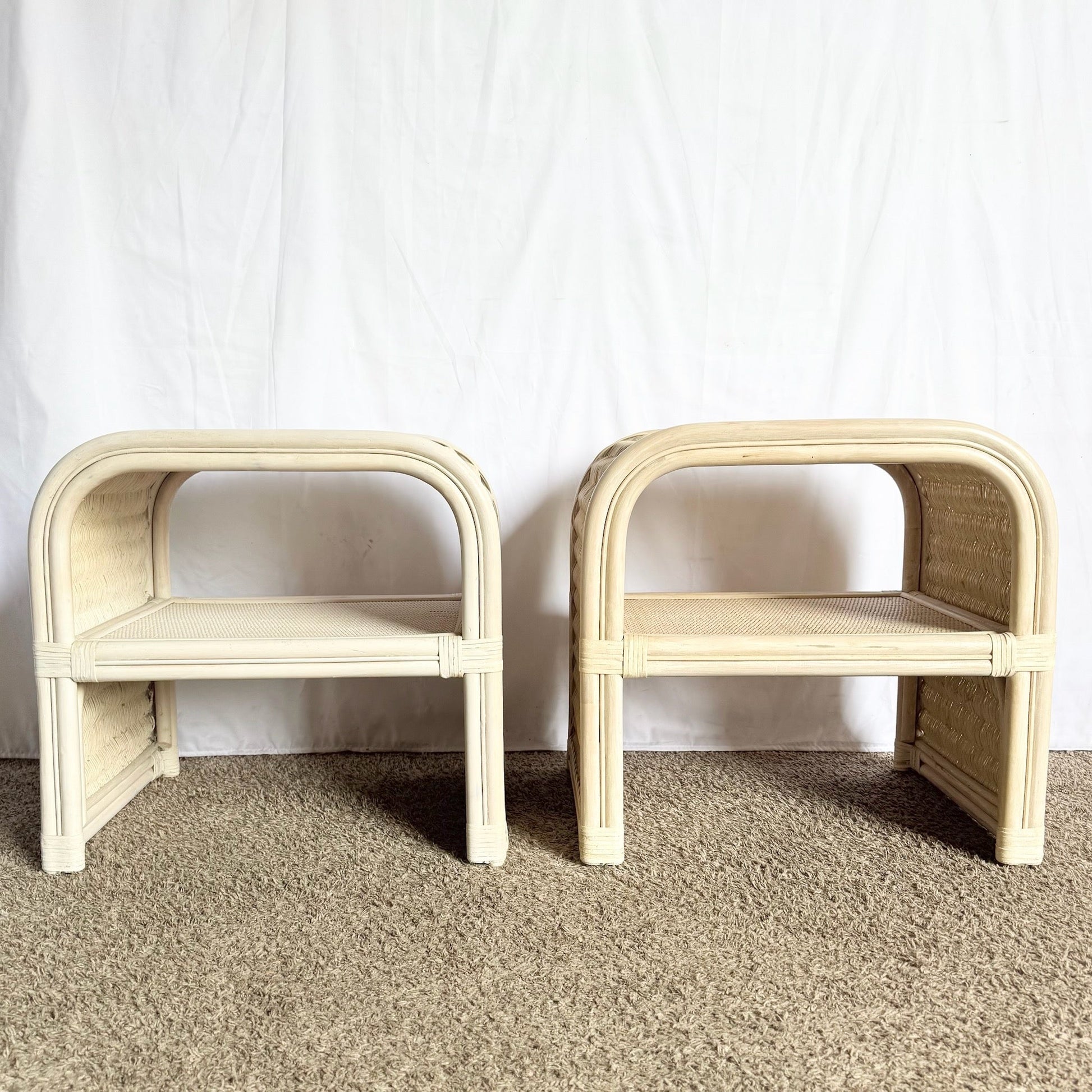 Boho Chic Coastal Rattan Wicker Waterfall Side Tables/Nightstands - A Pair - Dolphin & Flamingo