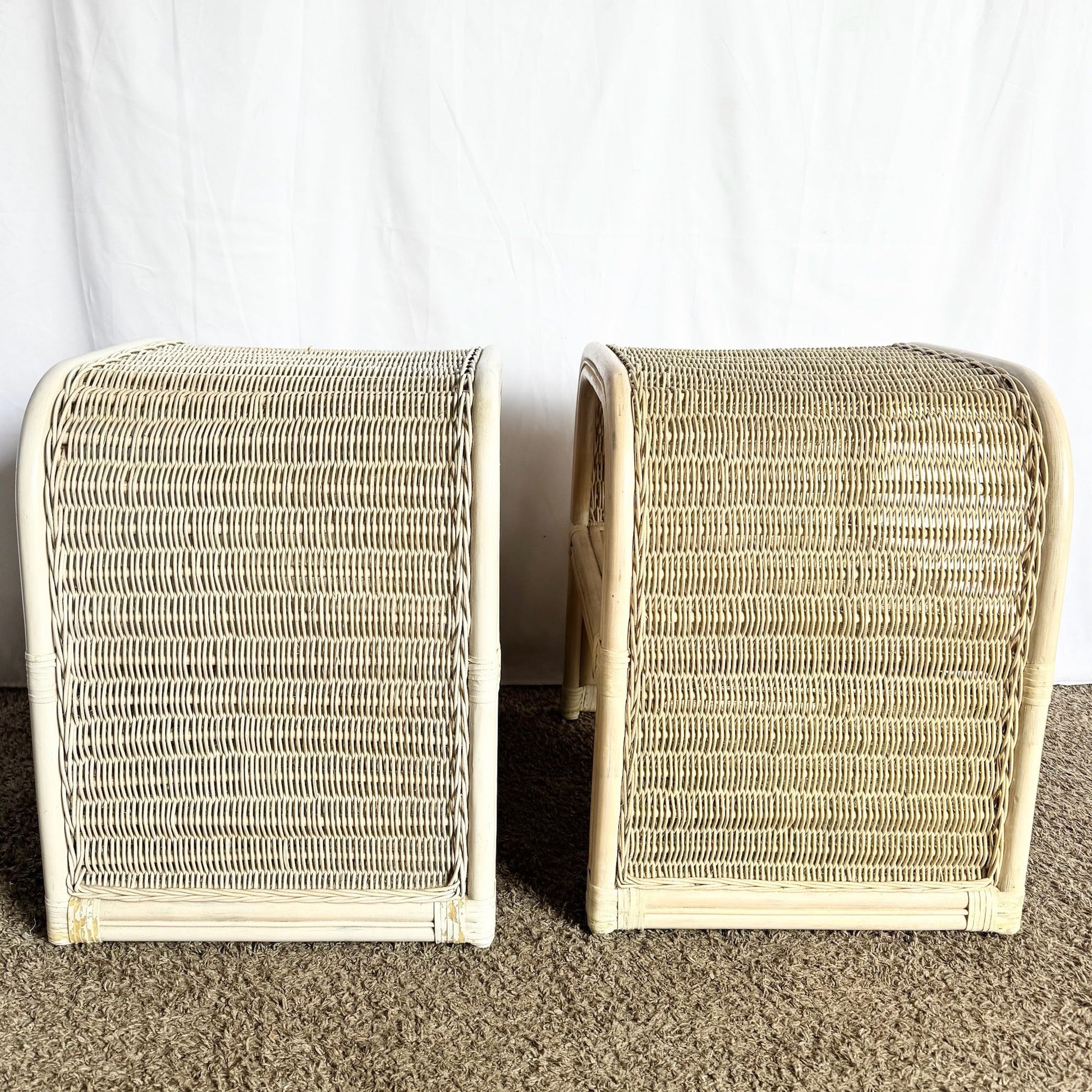 Boho Chic Coastal Rattan Wicker Waterfall Side Tables/Nightstands - A Pair - Dolphin & Flamingo