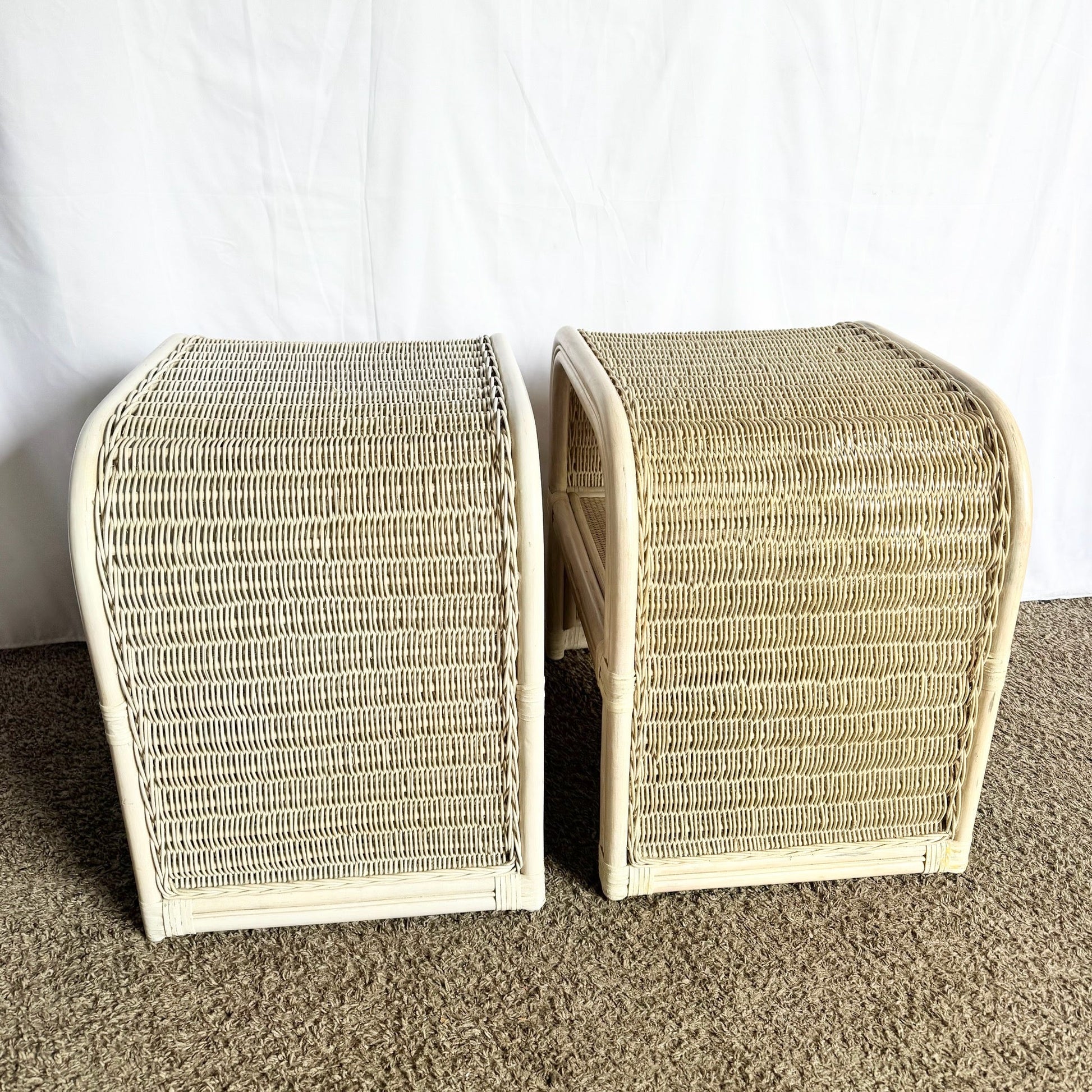 Boho Chic Coastal Rattan Wicker Waterfall Side Tables/Nightstands - A Pair - Dolphin & Flamingo