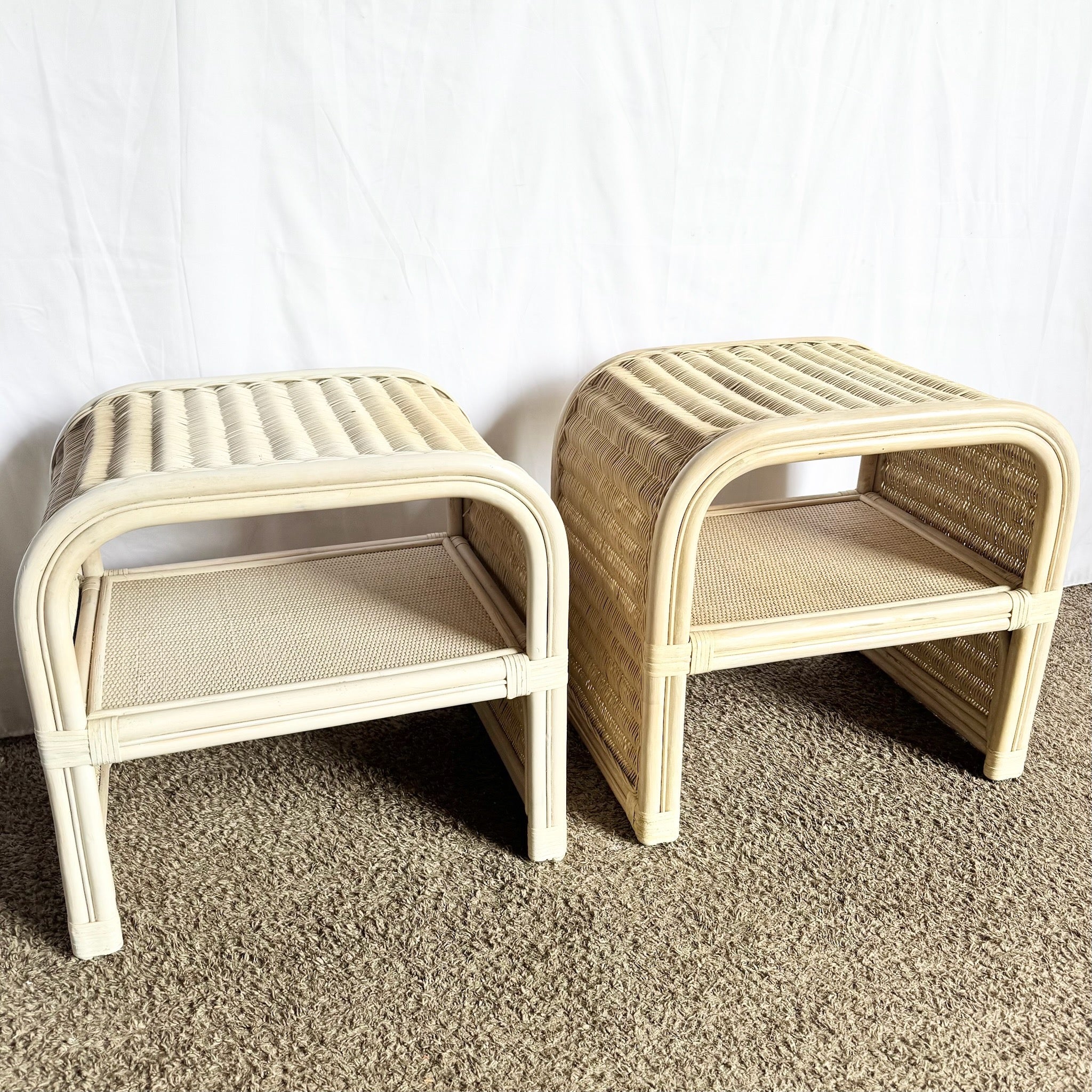 Boho Chic Coastal Rattan Wicker Waterfall Side Tables/Nightstands - A Pair - Dolphin & Flamingo