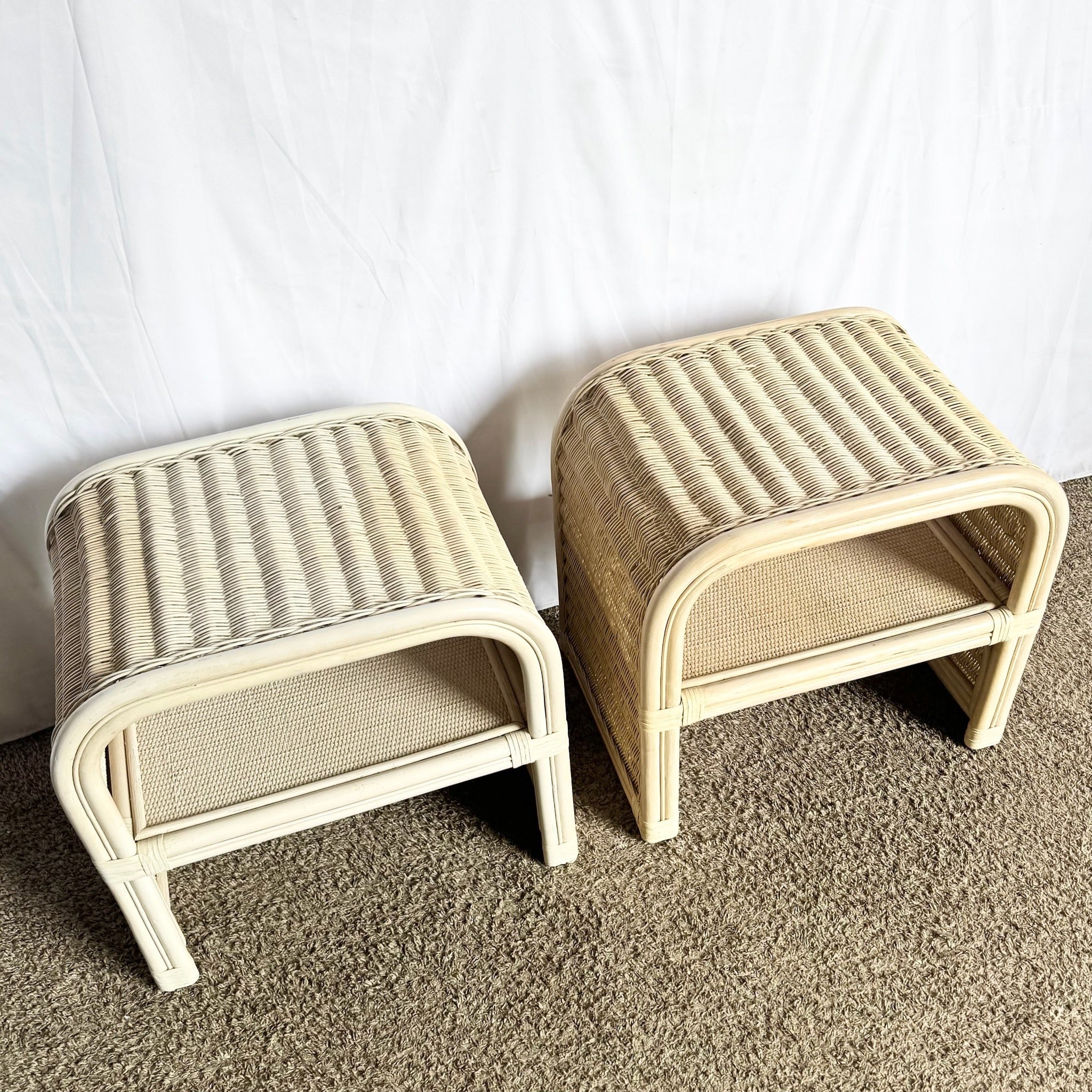 Boho Chic Coastal Rattan Wicker Waterfall Side Tables/Nightstands - A Pair - Dolphin & Flamingo