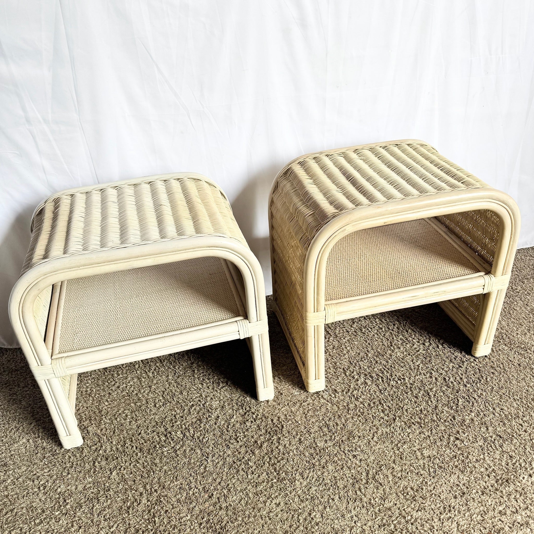 Boho Chic Coastal Rattan Wicker Waterfall Side Tables/Nightstands - A Pair - Dolphin & Flamingo