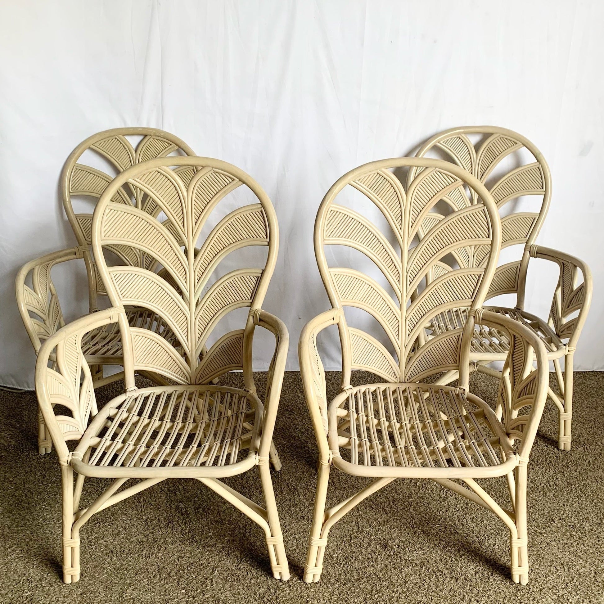 Boho Chic Coastal Sculpted Palm Frond Rattan Dining Arm Chairs - Set of 4 - Dolphin & Flamingo