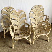 Boho Chic Coastal Sculpted Palm Frond Rattan Dining Arm Chairs - Set of 4 - Dolphin & Flamingo