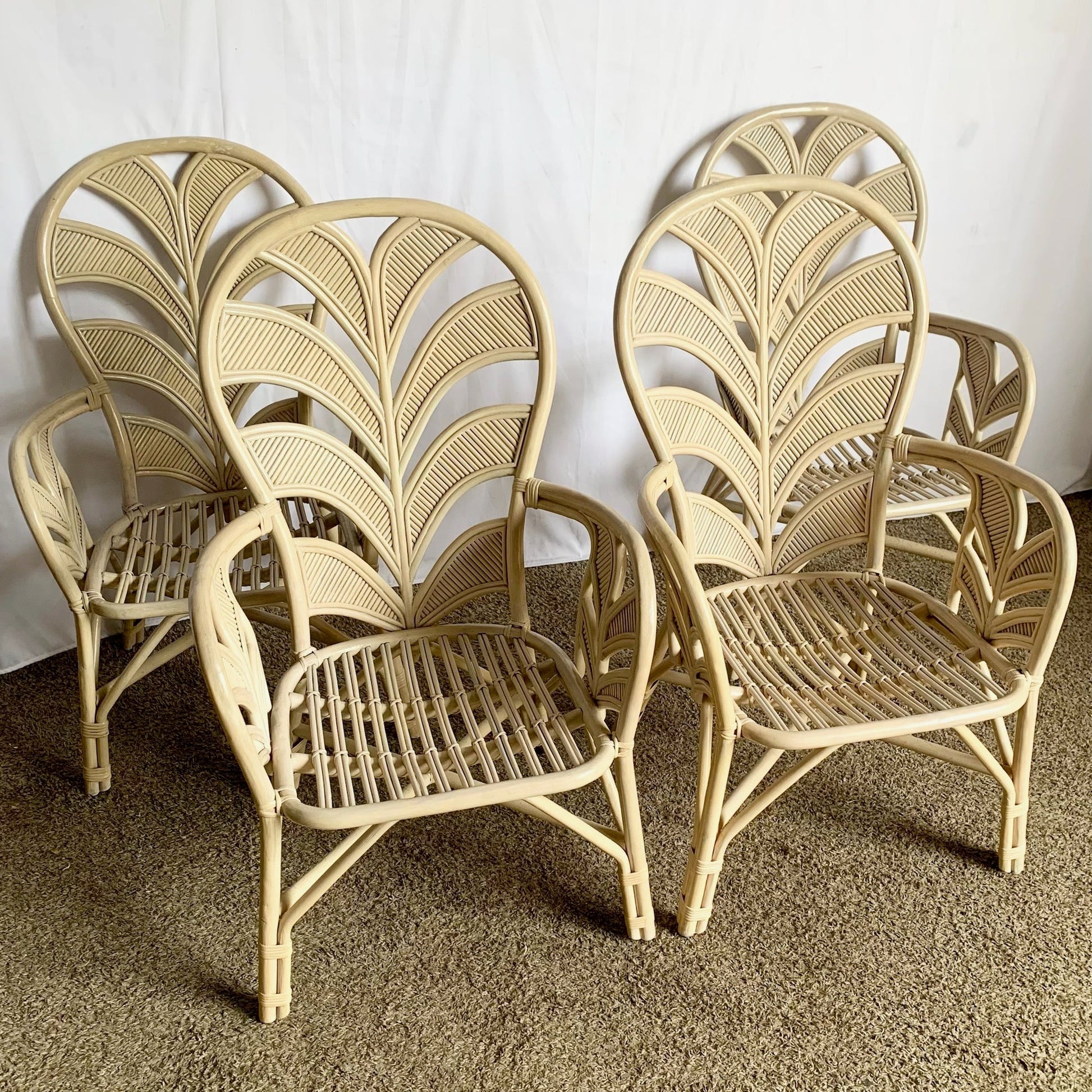 Boho Chic Coastal Sculpted Palm Frond Rattan Dining Arm Chairs - Set of 4 - Dolphin & Flamingo