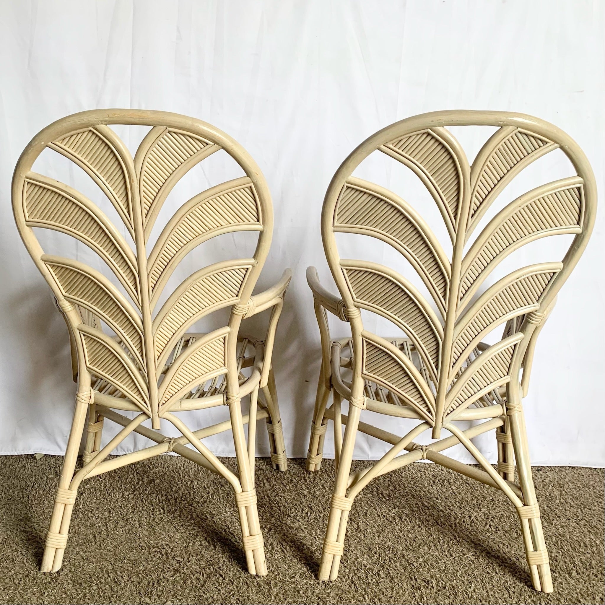 Boho Chic Coastal Sculpted Palm Frond Rattan Dining Arm Chairs - Set of 4 - Dolphin & Flamingo